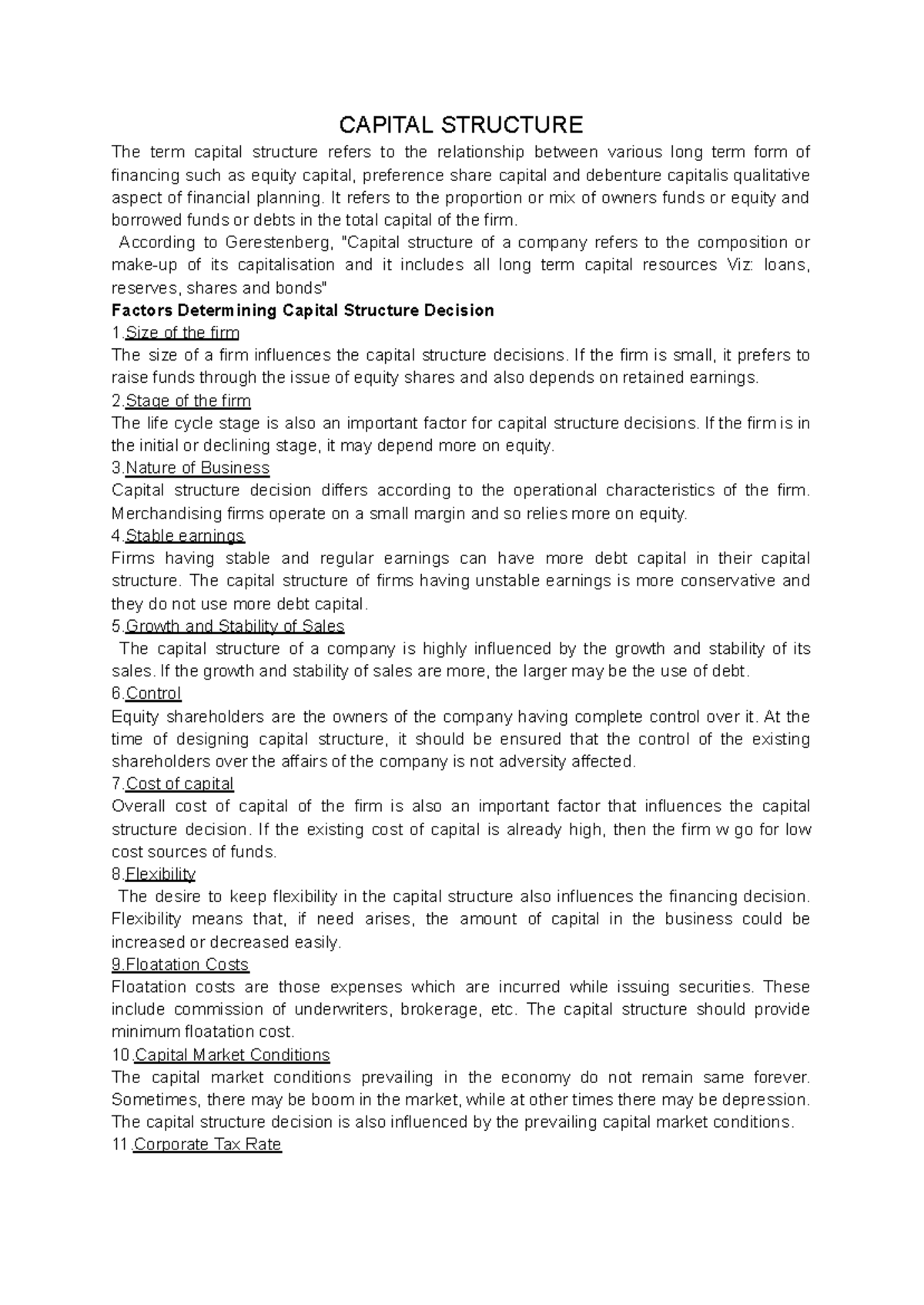 Capital structure - Fm notes - CAPITAL STRUCTURE The term capital ...