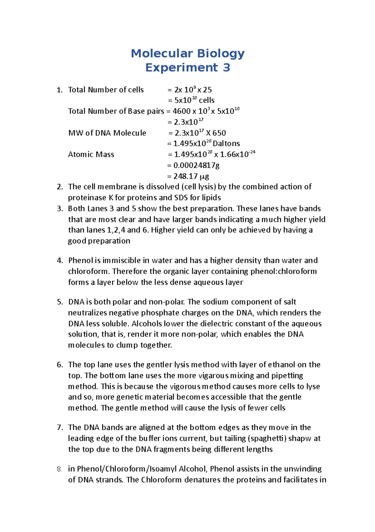Molecular Biology Experiment 3 Molecular Biology Experiment 3 Total