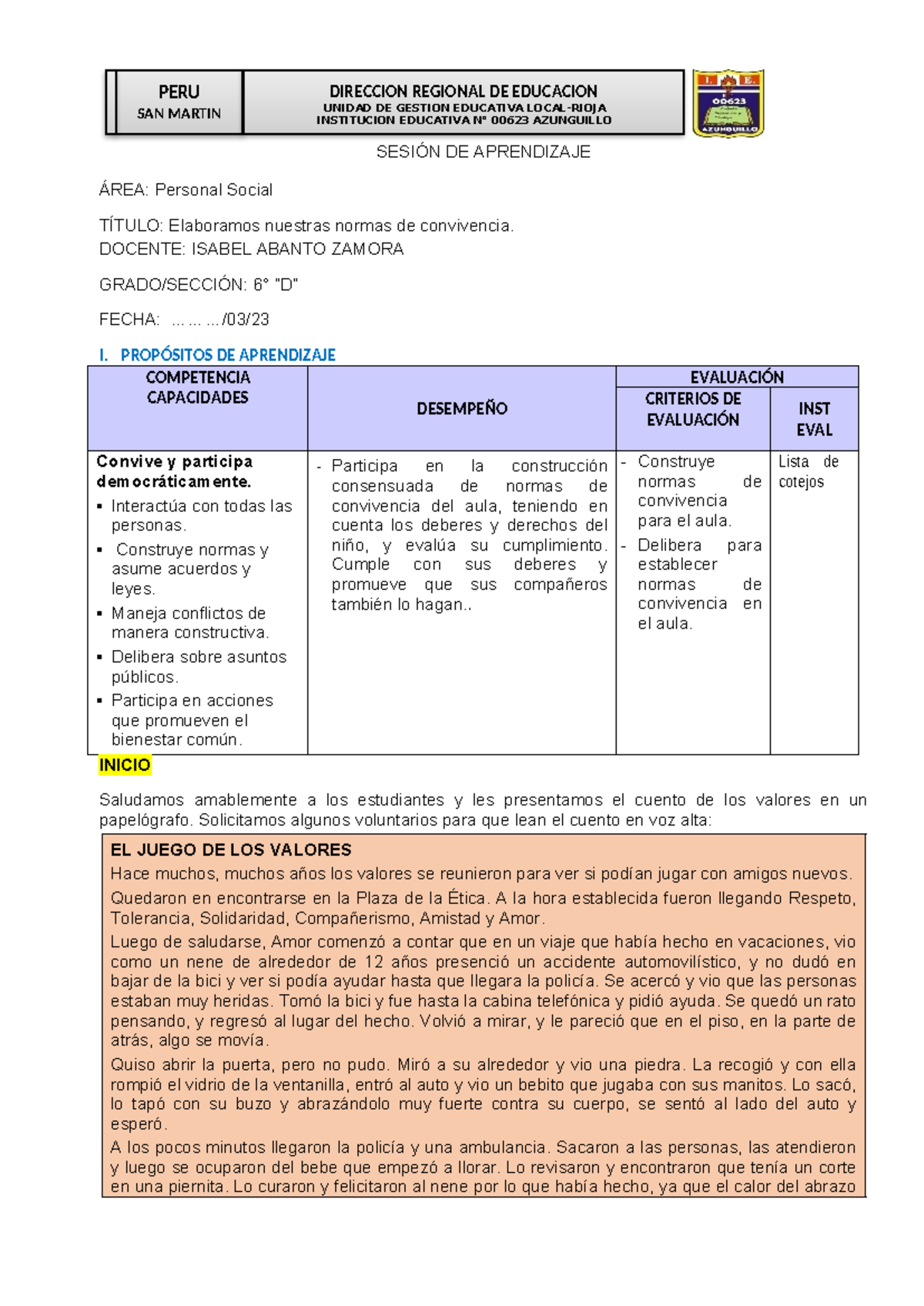 Normas de convivencia en el aula de clases - pp SESIÓN DE APRENDIZAJE ...