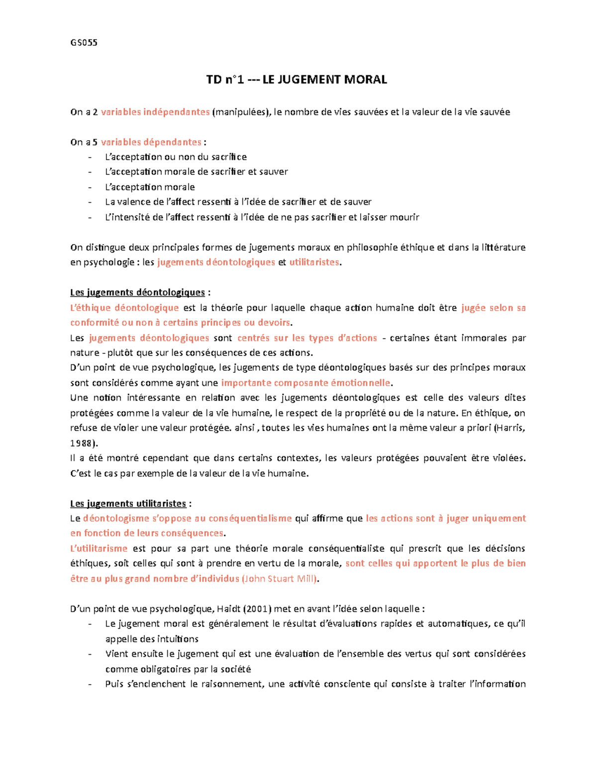 Psychologie cognitive GS TD n°1 LE JUGEMENT MORAL On a 2 variables