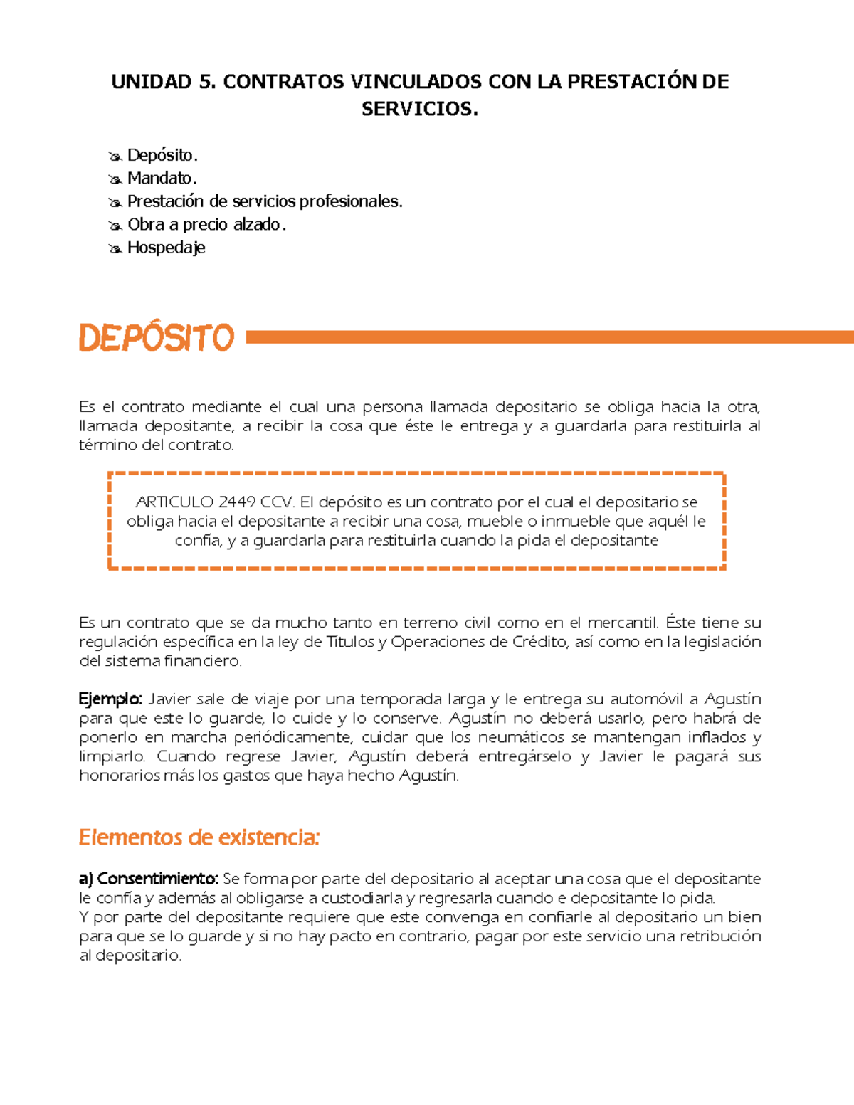 Depósito - Apuntes 5 - UNIDAD 5. CONTRATOS VINCULADOS CON LA PRESTACIÓN DE  SERVICIOS.  Depósito.  - Studocu