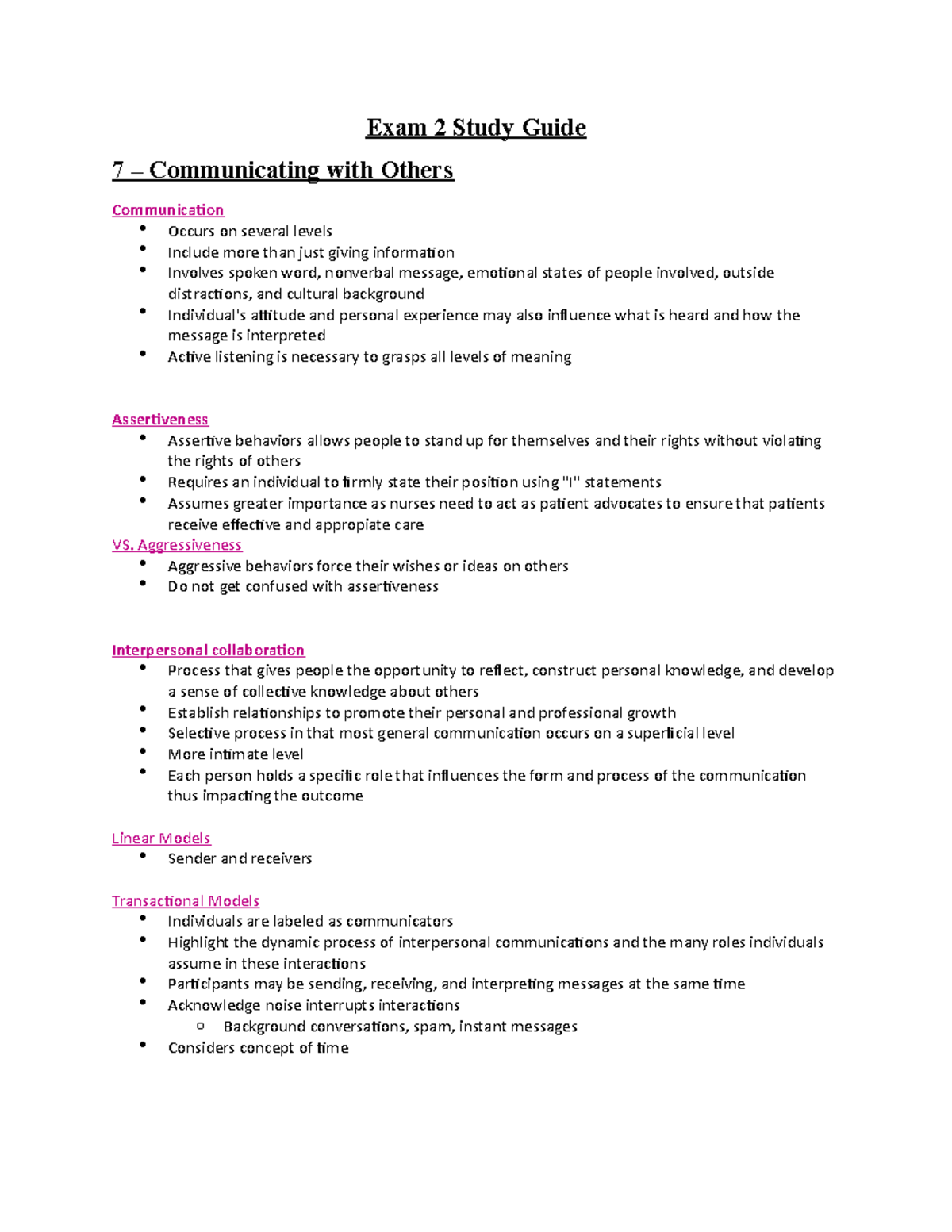 Exam 2 Study Guide - Exam 2 Study Guide 7 – Communicating with Others ...