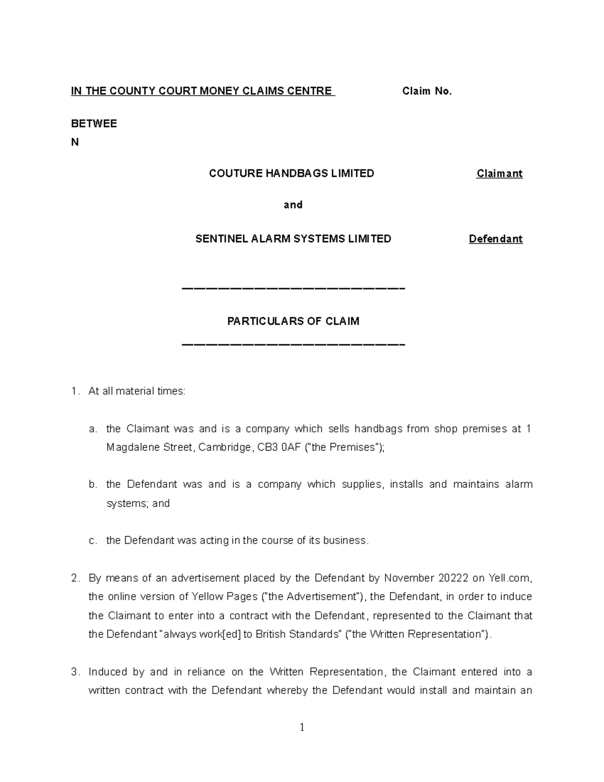 Particulars Of Claim Couture IN THE COUNTY COURT MONEY CLAIMS CENTRE