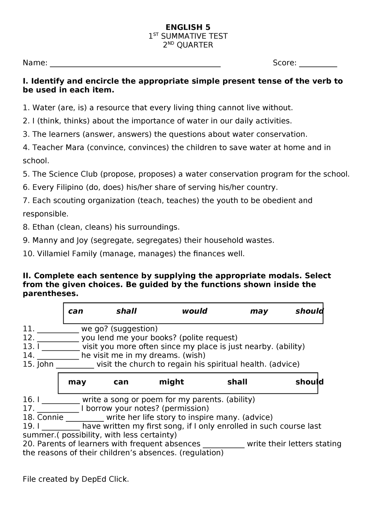 English 5 ST1 Q2 - ENGLISH 5 1 ST SUMMATIVE TEST 2 ND QUARTER Name ...