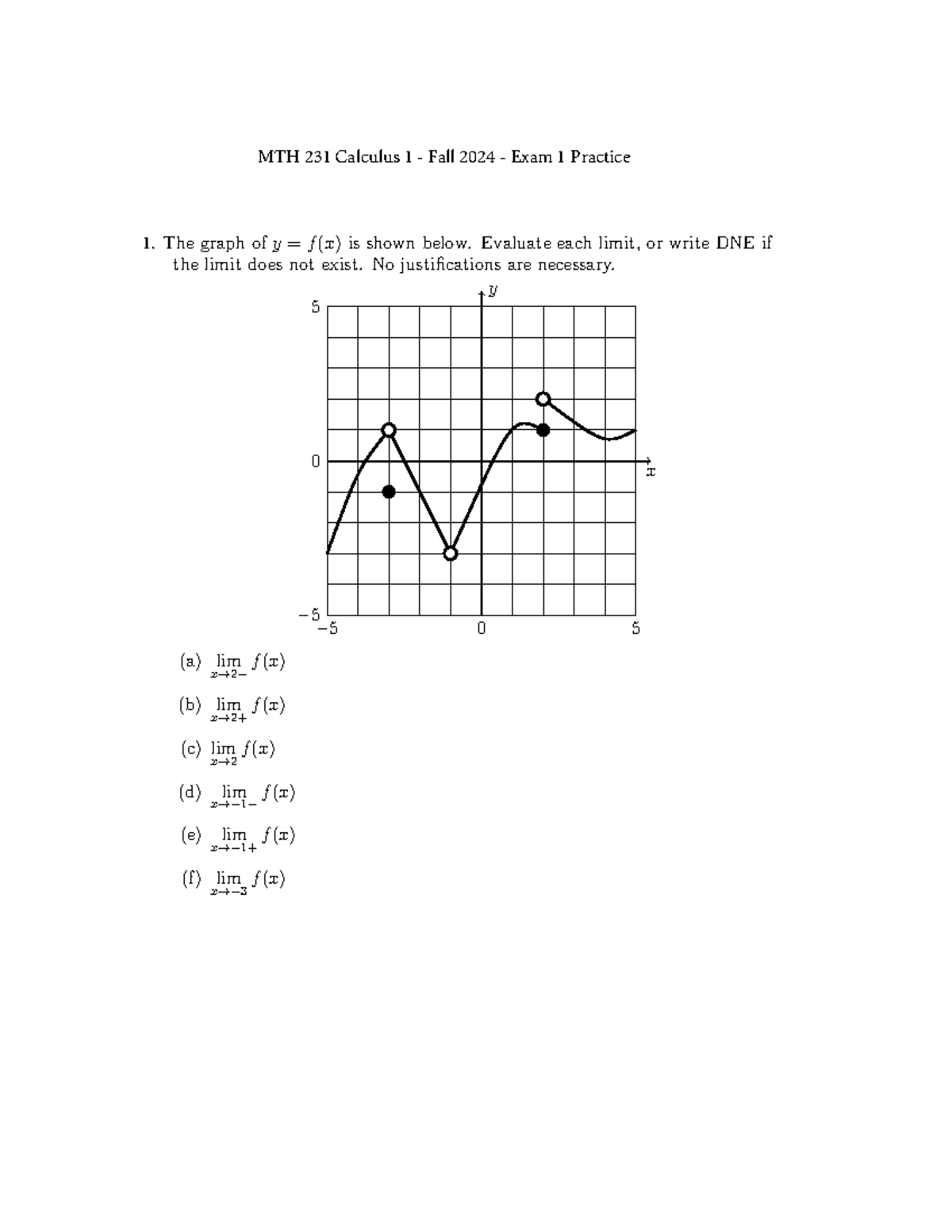 Exam 1 Practice - ...... ..... ..... . ... ........ - MTH 231 Calculus ...