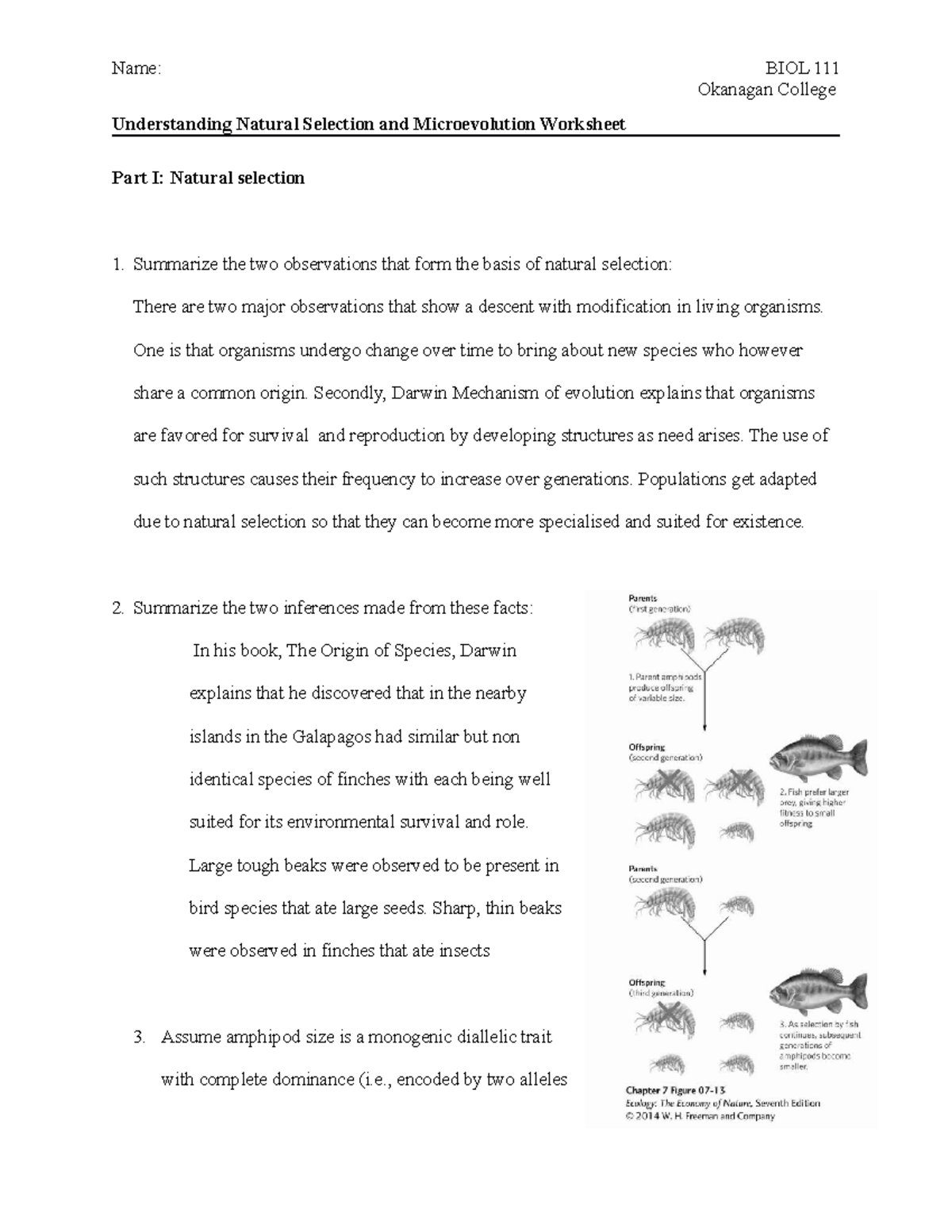 Natural selection and microevolution worksheet (1) (1) - Name: BIOL 111 ...