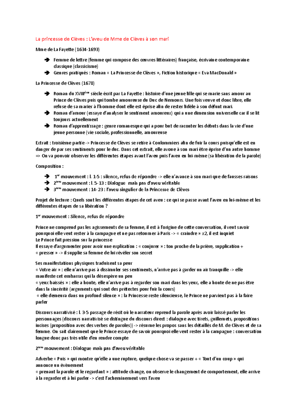 La Princesse De Clèves Est elle Libre De Ses Choix Dissertation La princesse de Clèves n°2, La Fayette - La princesse de Clèves : L'aveu de  Mme de Clèves à son - Studocu