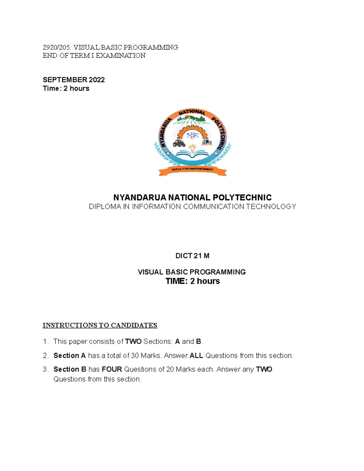 VB TERM 2 - vb paper - 2920/205: VISUAL BASIC PROGRAMMING END OF TERM I ...