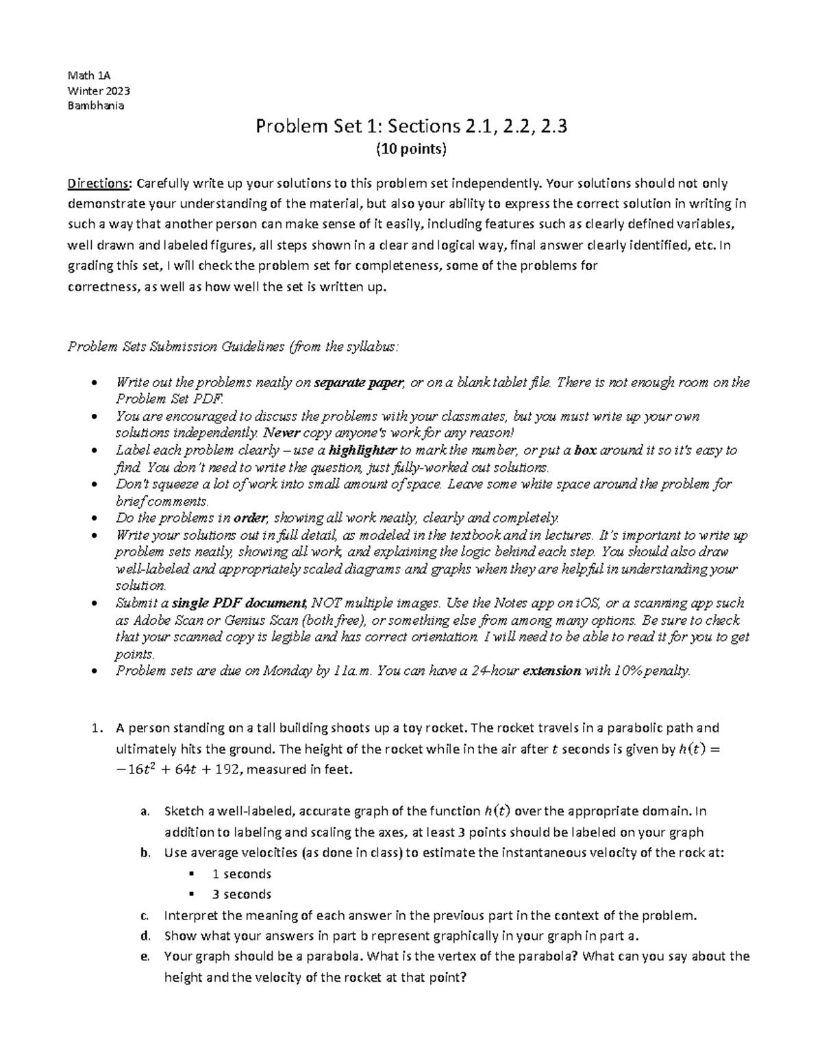 Math 1A PS1 (2.1, 2.2, 2 - HWHW - Math 1A Winter 2023 Bambhania Problem ...