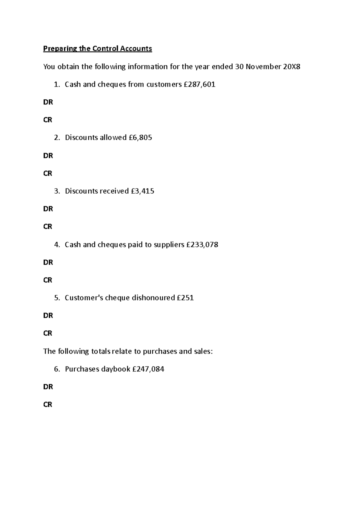 Prepare the control accounts questions Preparing the Control Accounts