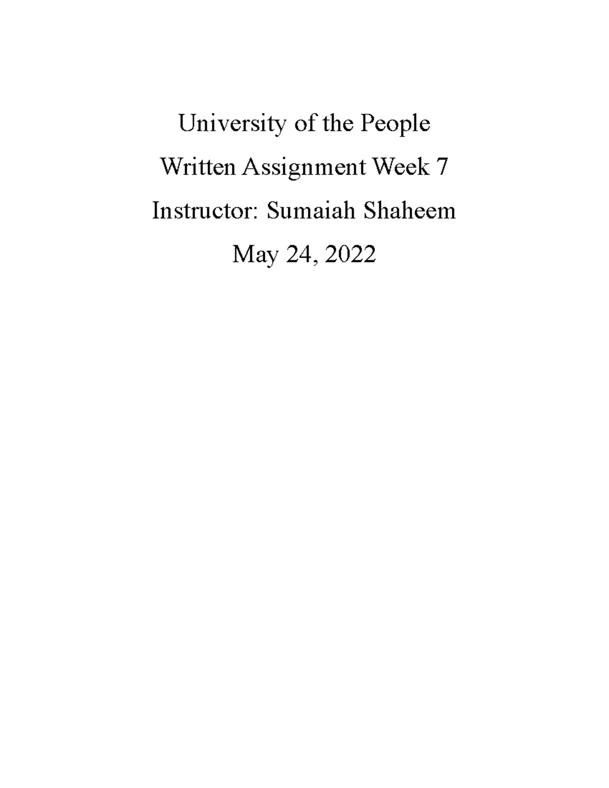 Written Assignment Week 7 - University of the People Written Assignment ...