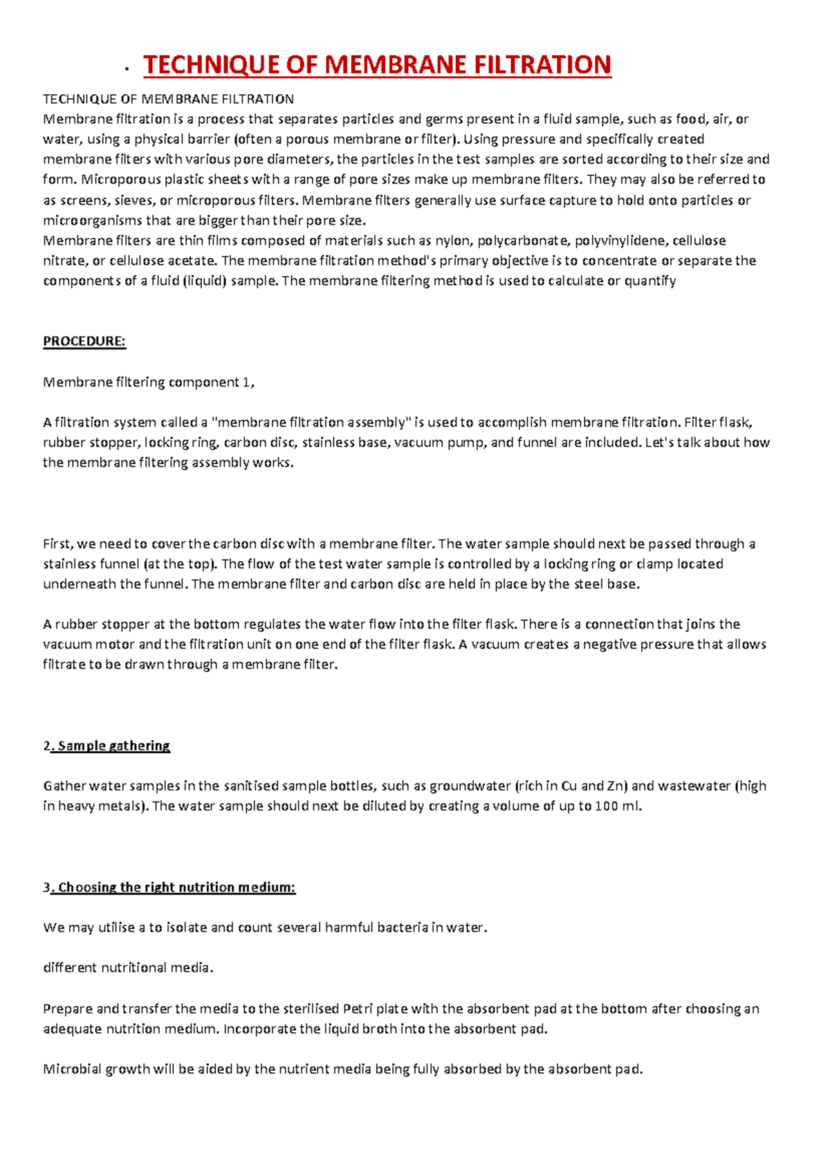 Tomm2 SHORT TECHNIQUES ON MEMBRANE FILTRATION • TECHNIQUE OF