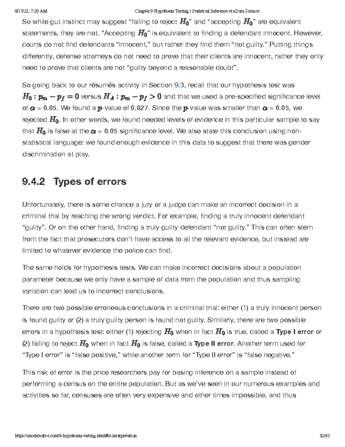 Course Textbook - 8/17/22, 7:20 AM Chapter 9 Hypothesis Testing ...