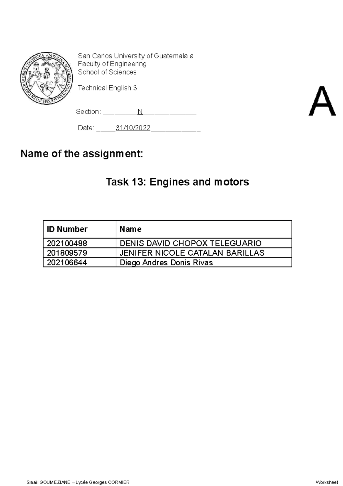 Task 17 Engine and motors worksheet - San Carlos University of ...