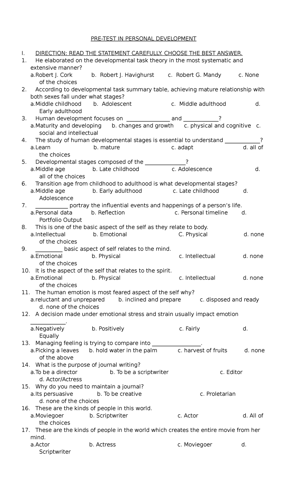 Pretest IN Personal Development - PRE-TEST IN PERSONAL DEVELOPMENT I ...