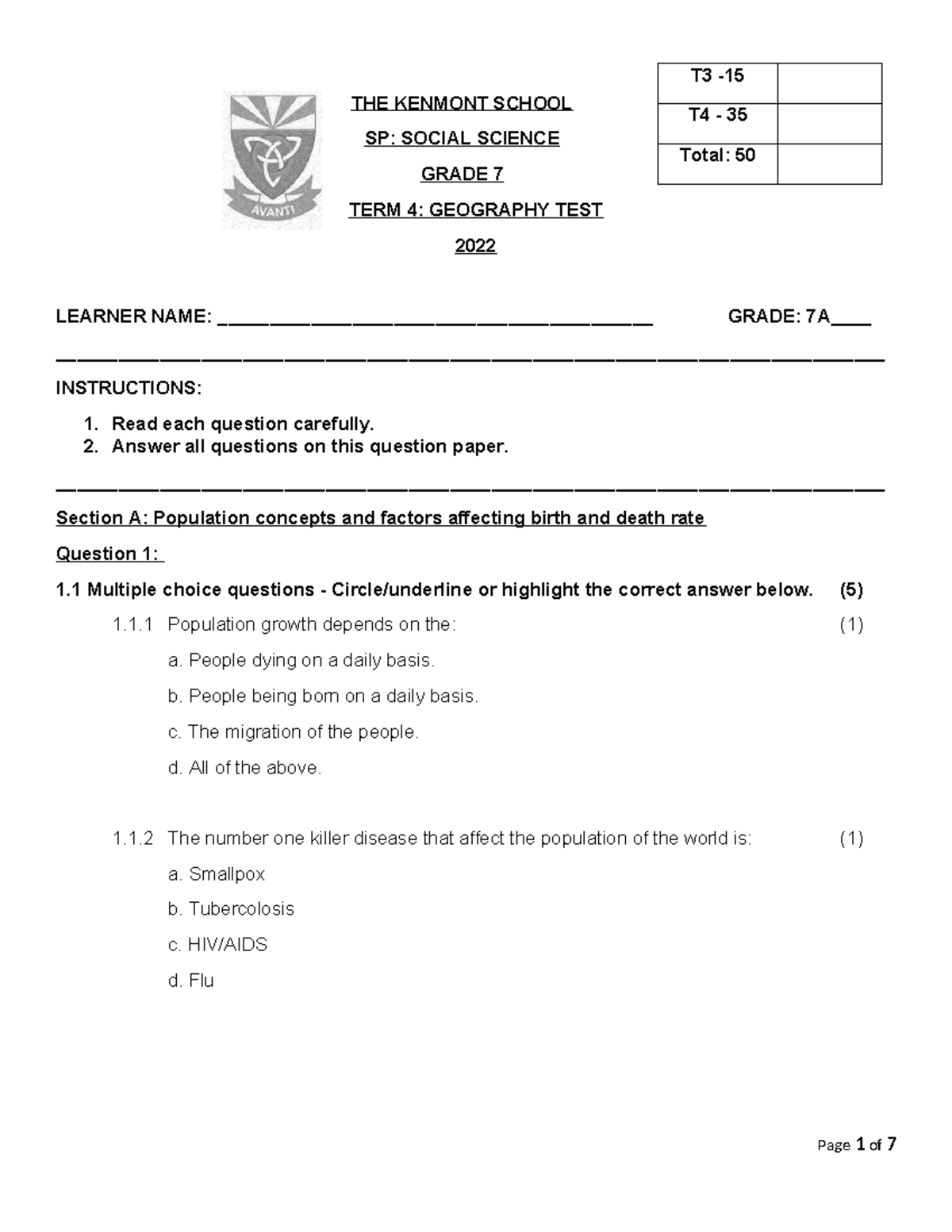 Gr7 T4 Nov Geog Test 2022 Final THE KENMONT SCHOOL SP SOCIAL SCIENCE