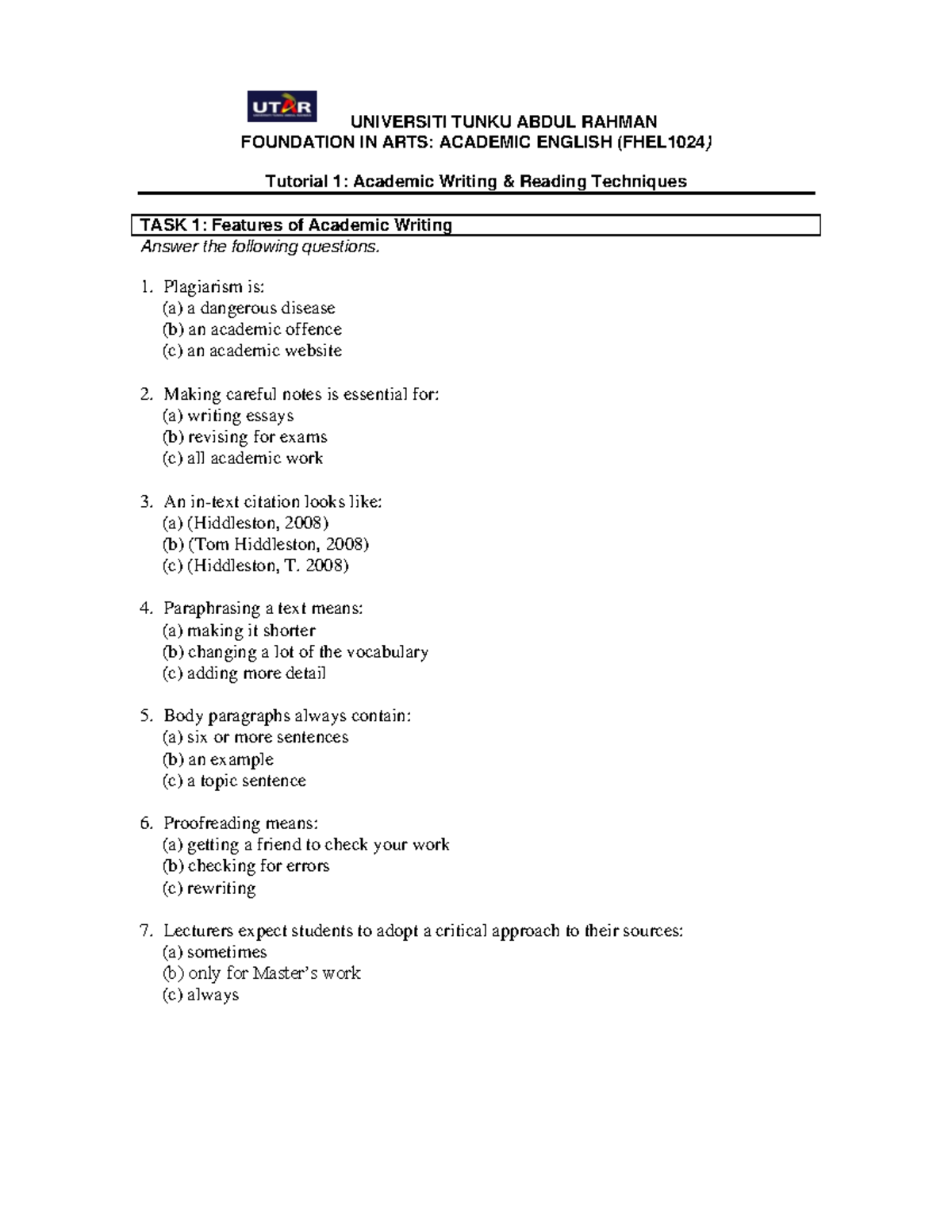 Tutorial 1 Academic Universiti Tunku Abdul Rahman Foundation In Arts Academic English Tutorial 1 Academic Universiti Tunku Abdul Rahman Foundation In Arts Academic English