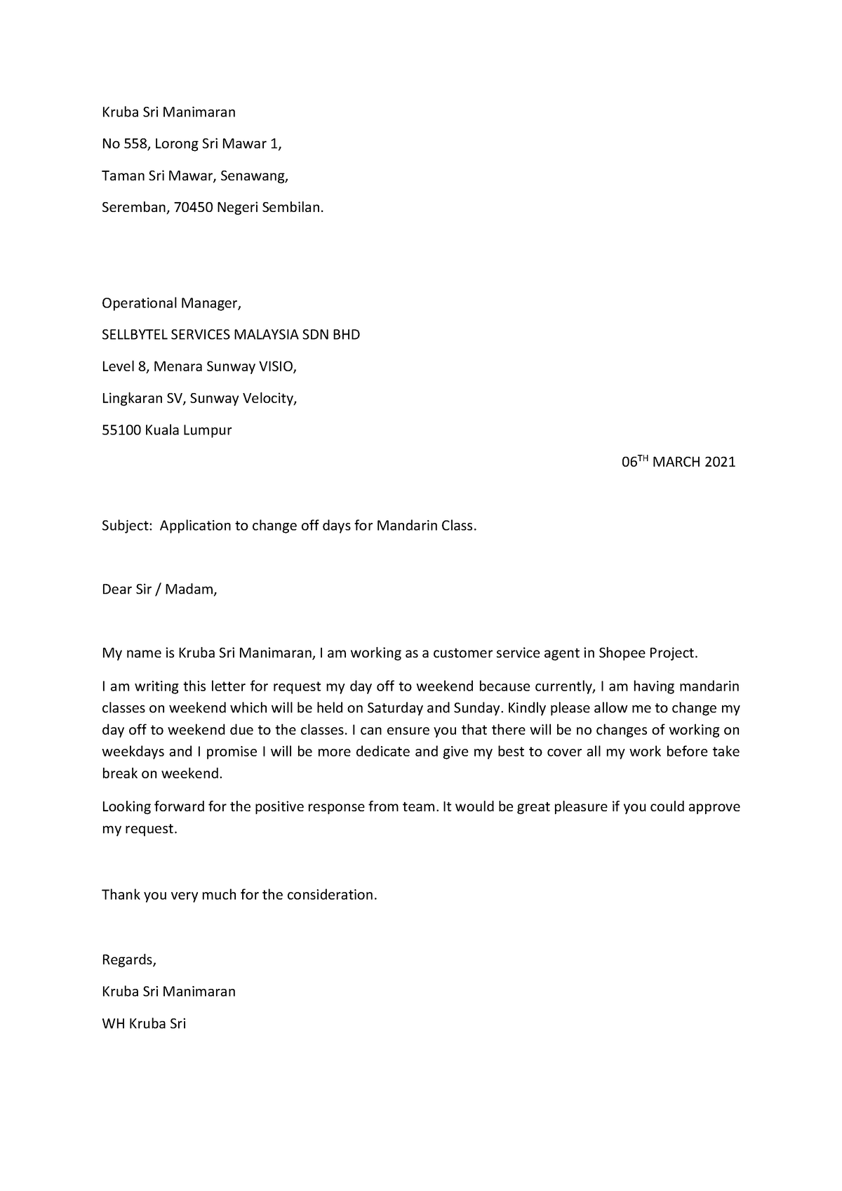Application letter for change OFF Days - Kruba Sri Manimaran No 558 ...