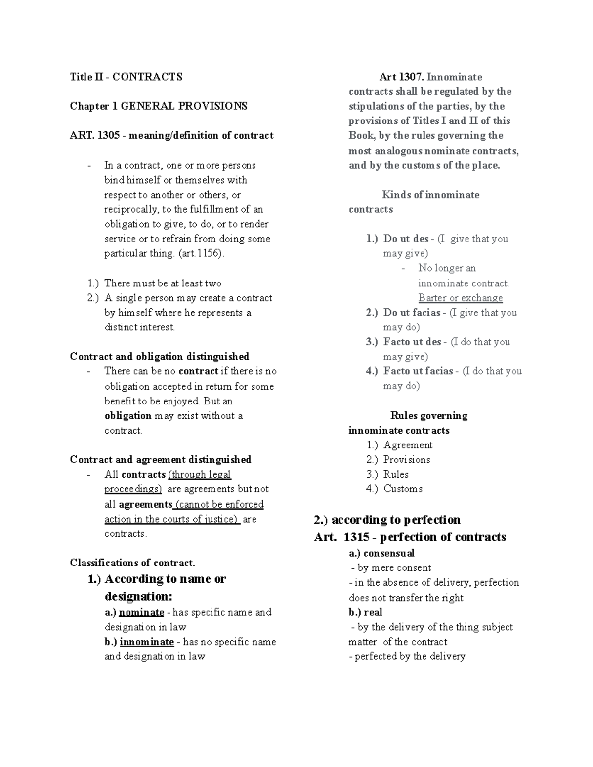 Obli 2 - Reviewer Notes Contracts - Title II - CONTRACTS Chapter 1 ...