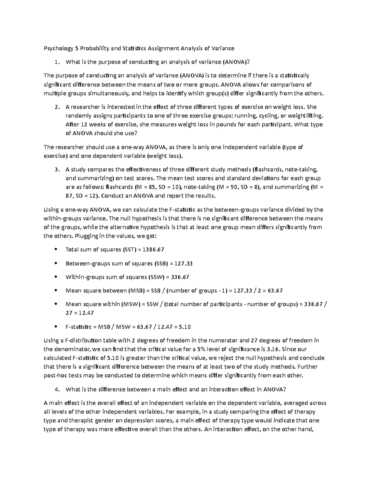 Psychology 5 Probability And Statistics Assignment Analysis Of Variance ...