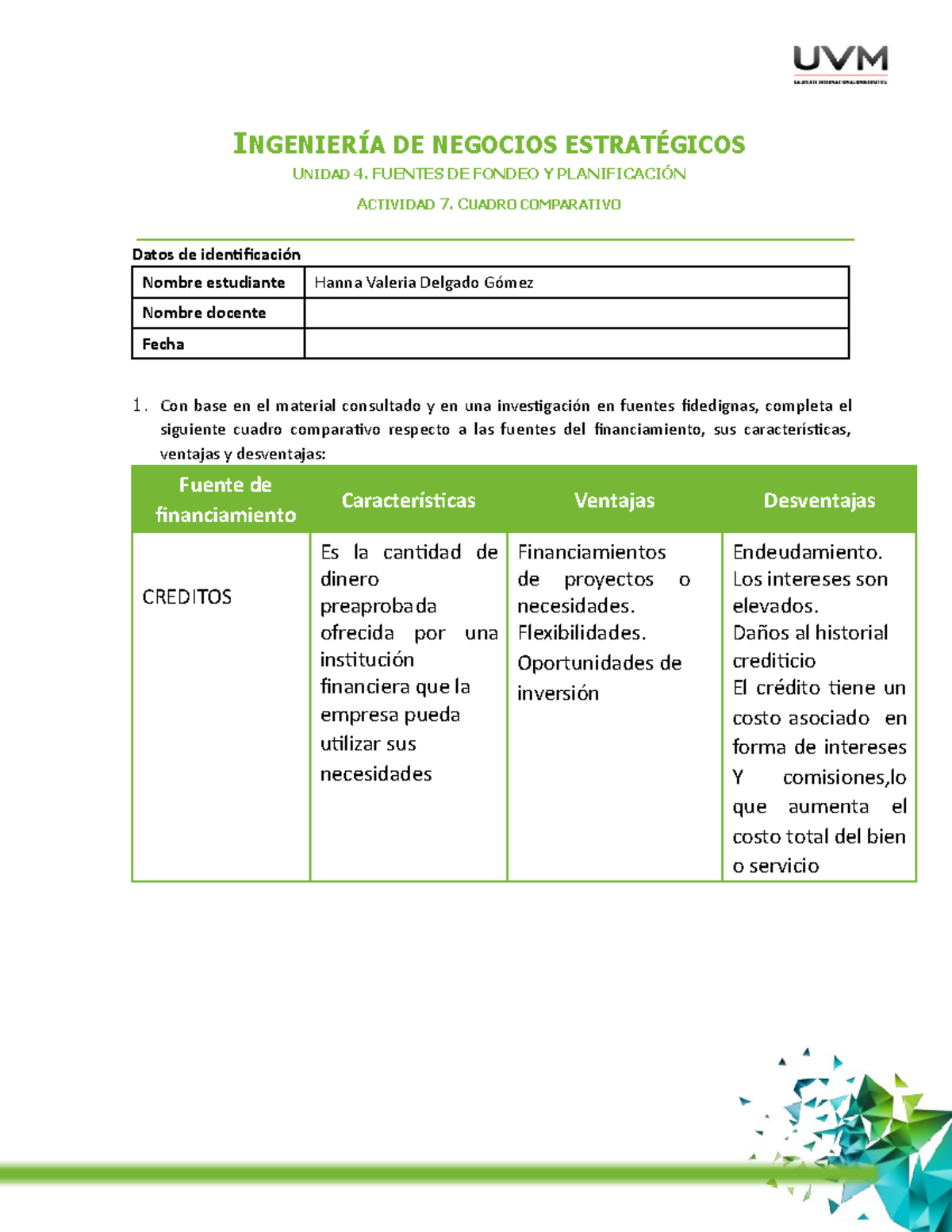 Cuadro Comparativo IngenierÍa De Negocios EstratÉgicos Unidad 4 Fuentes De Fondeo Y 2755