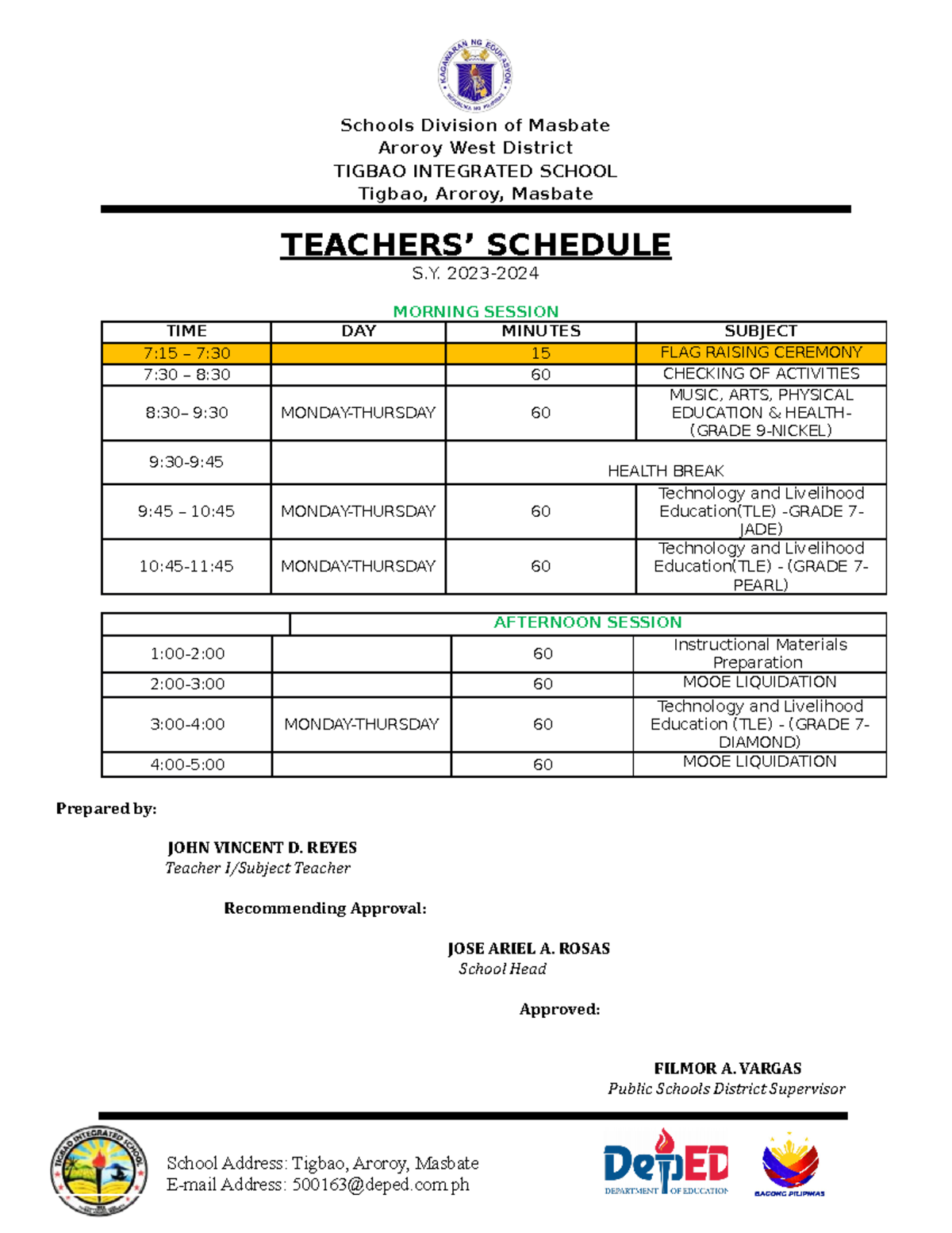 John Class Schedule - Schools Division of Masbate Aroroy West District ...