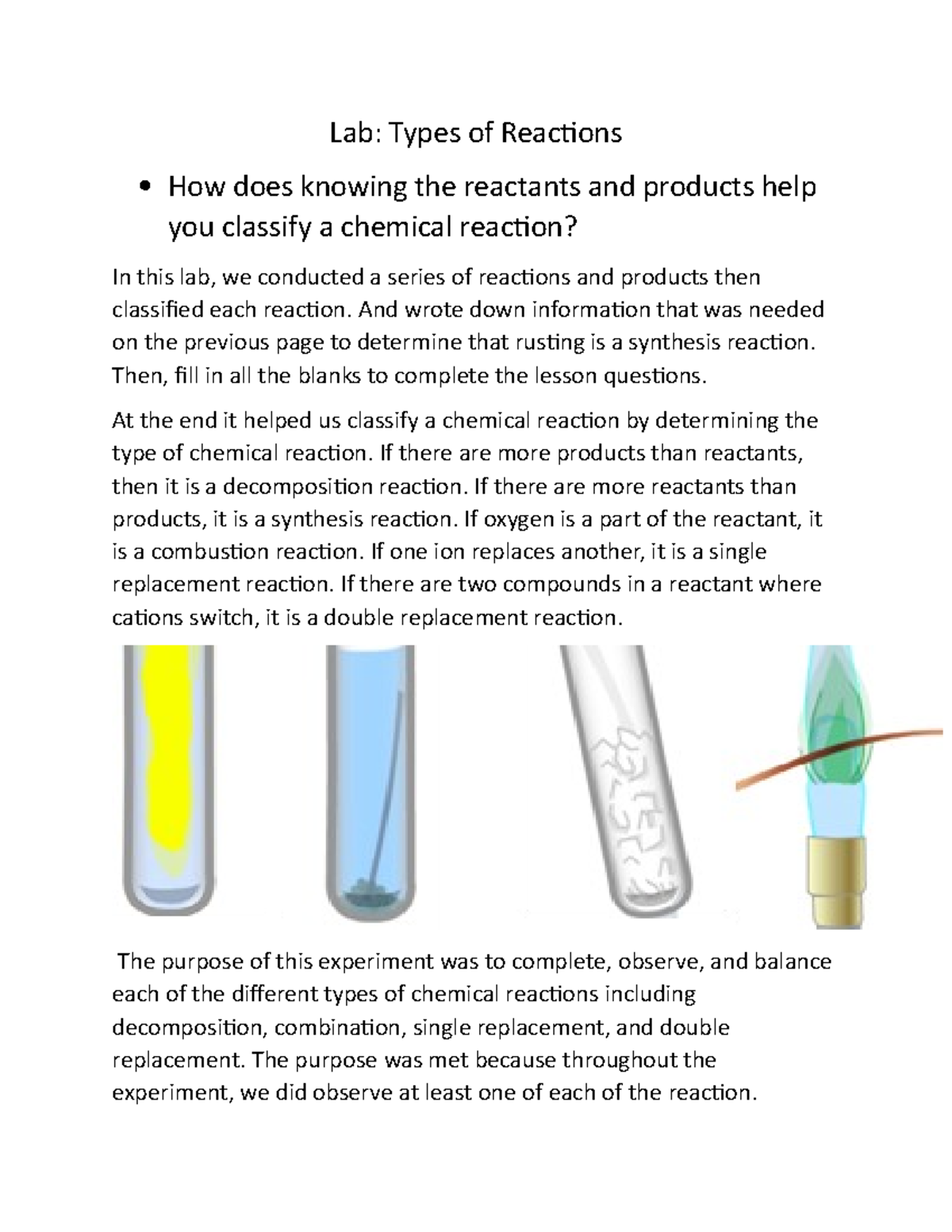Abcdef lab lab Lab Types of Reactions How does knowing the reactants and products help you