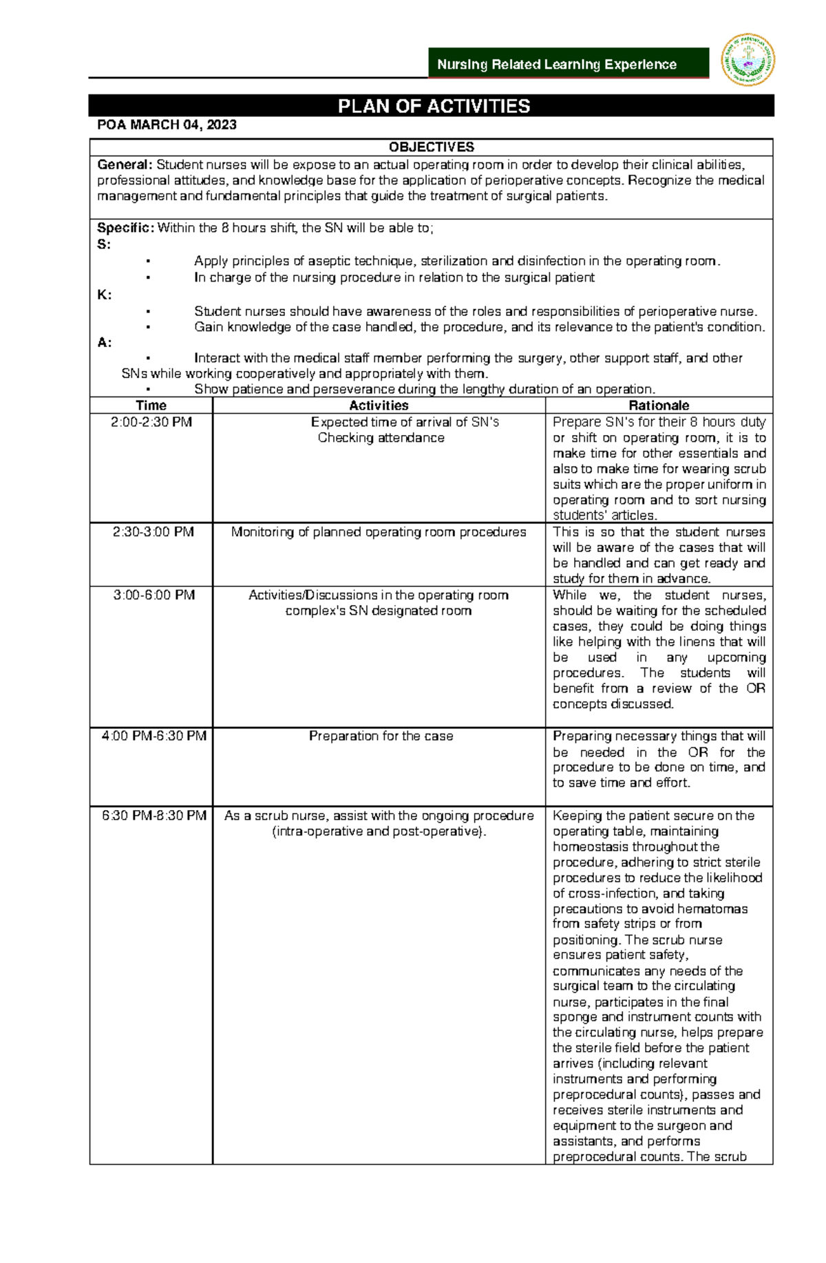 POA-sarmed - ssssss - OBJECTIVES General: Student nurses will be expose ...