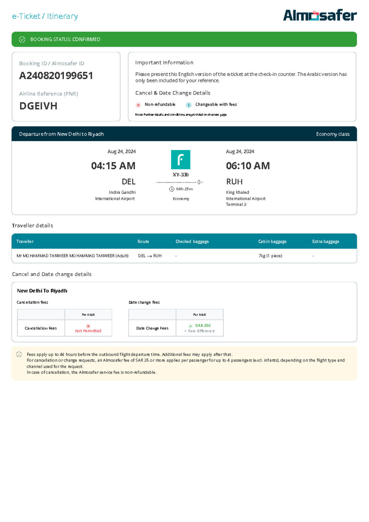 Flight eticket A24082019 9651 - e-Ticket / Itinerary BOOKING STATUS ...