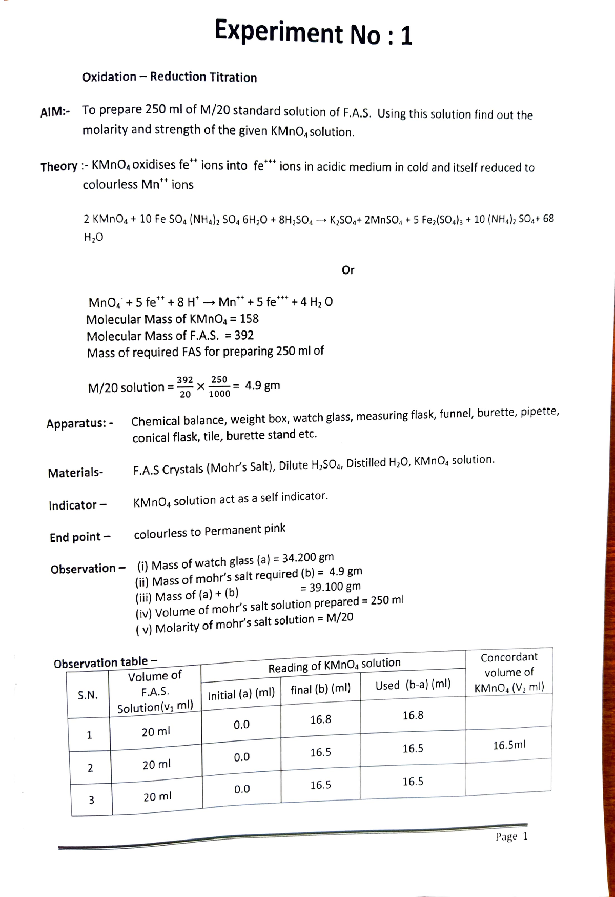 Class XII Chemistry 202223 Experiment No Oxidation Reduction