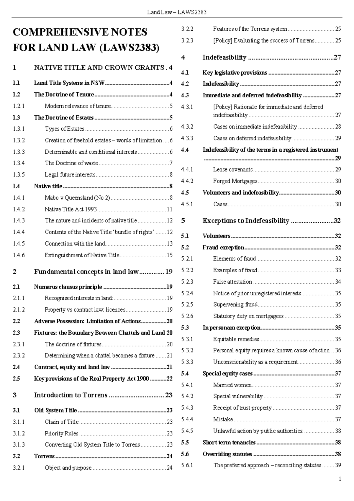 Property Law Notes COMPREHENSIVE NOTES 1 NATIVE TITLE AND CROWN GRANTS FOR LAND LAW (LAWS2383 Property Law Notes COMPREHENSIVE NOTES 1 NATIVE TITLE AND CROWN GRANTS FOR LAND LAW (LAWS2383
