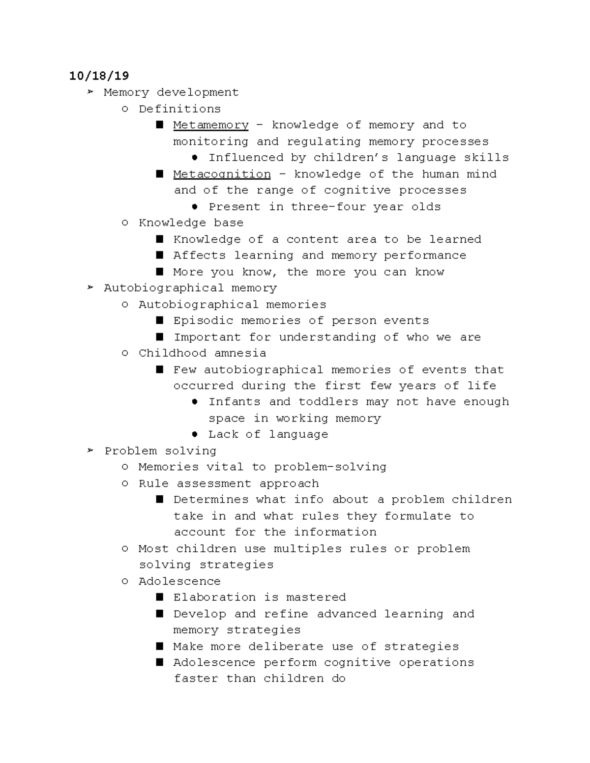 Memory and Problem Solving - 10/18/ Memory development Definitions ...