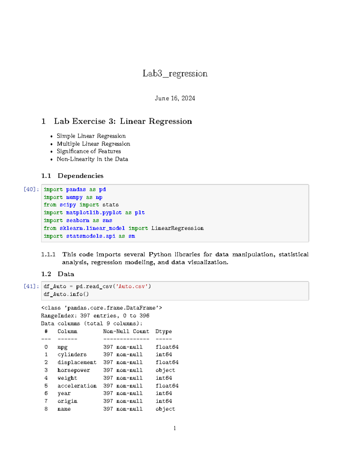 Lab3 regression - eeee - Lab3_regression June 16, 2024 1 Lab Exercise 3 ...