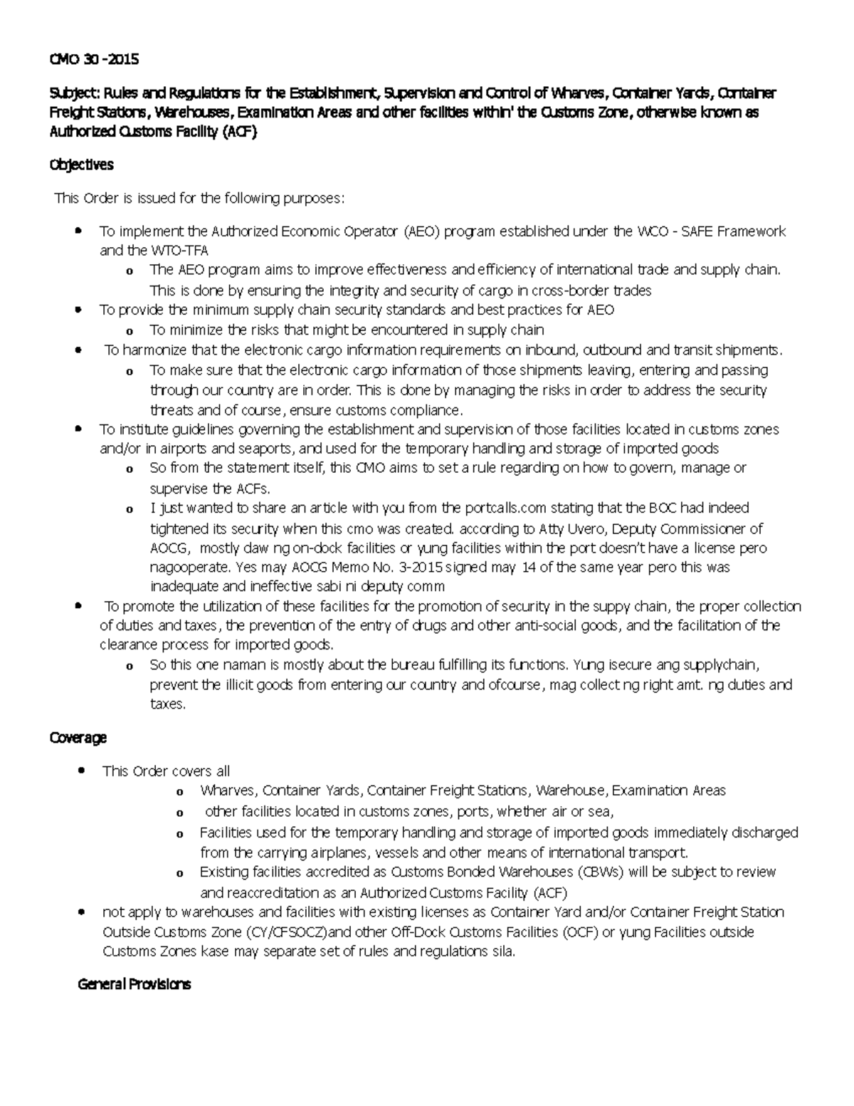 CMO 30 customs memo CMO 30 2015 Subject Rules and Regulations for the Establishment
