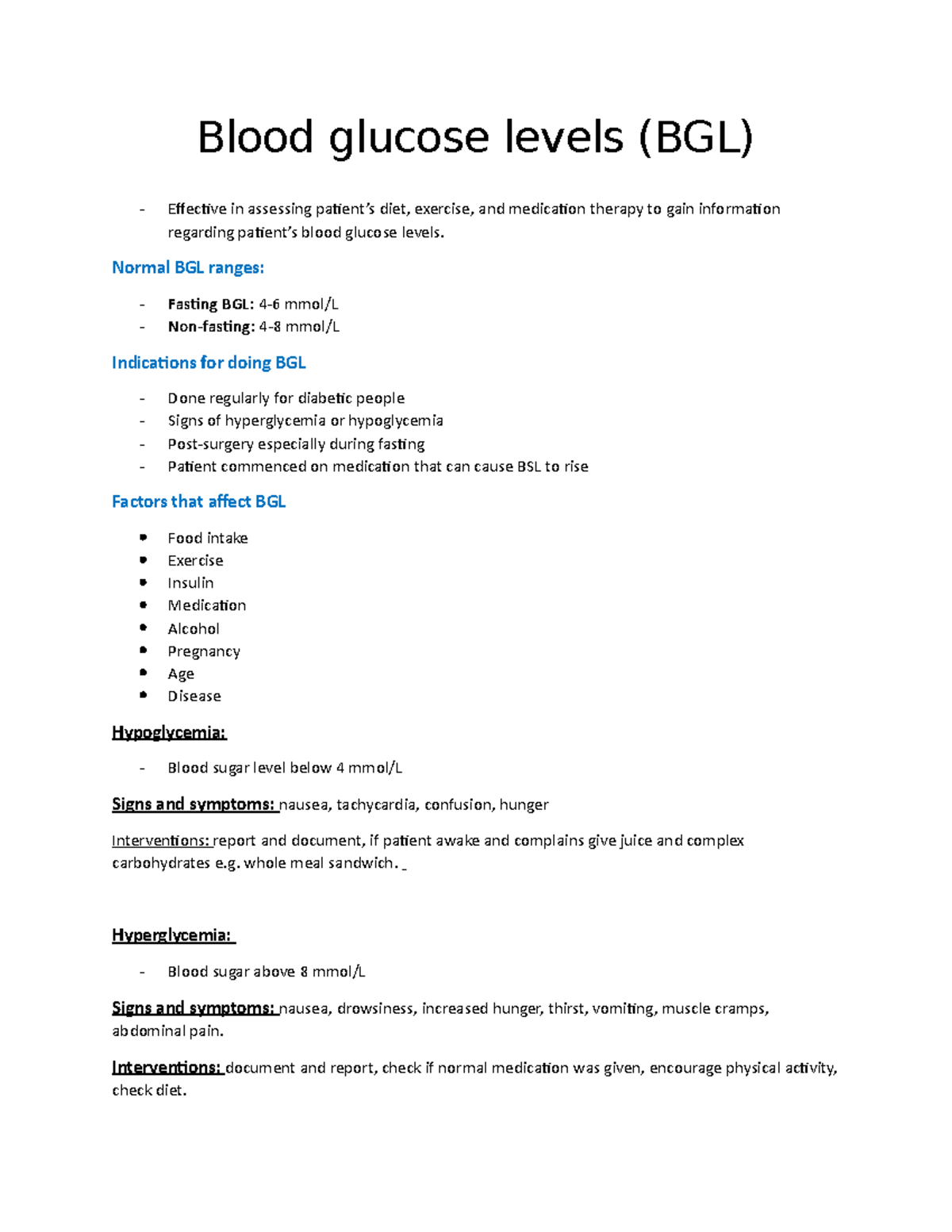 assignment on blood glucose levels