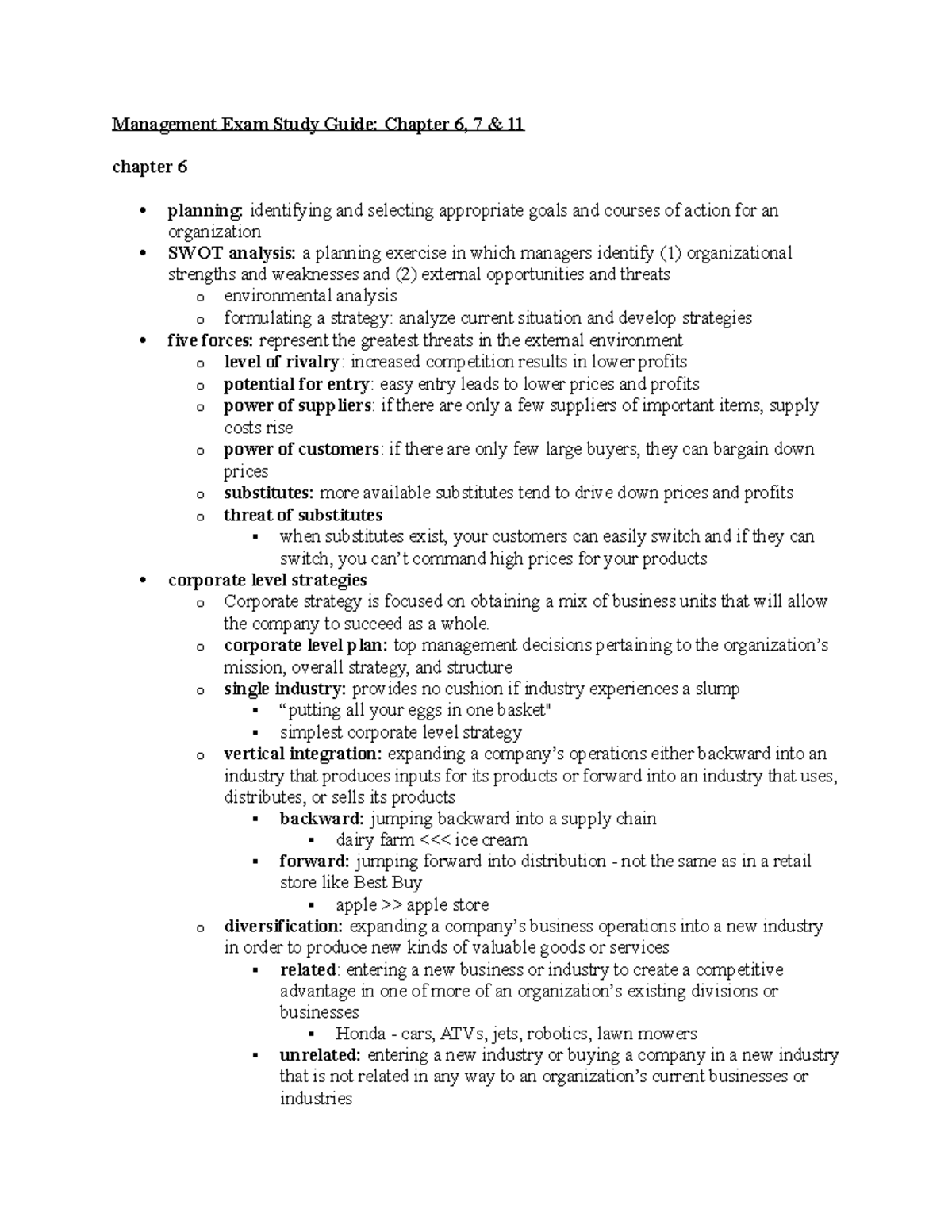 Management Exam Study Guide Ch 6 7 11 Management Exam Study Guide 