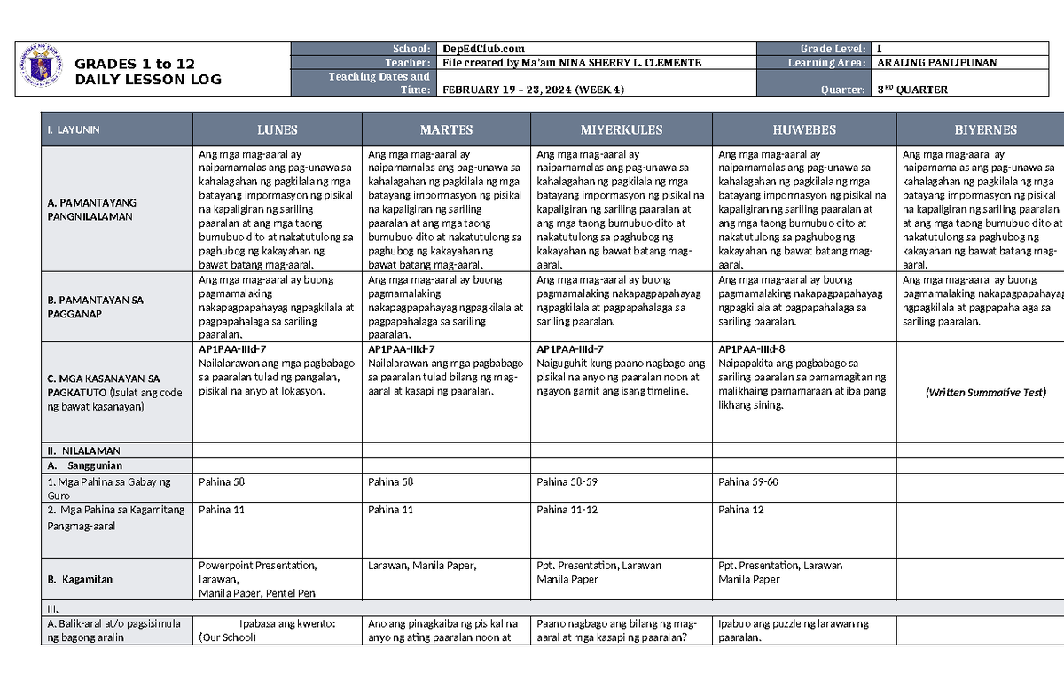 DLL Araling Panlipunan 1 Q3 W4 - GRADES 1 to 12 DAILY LESSON LOG School ...