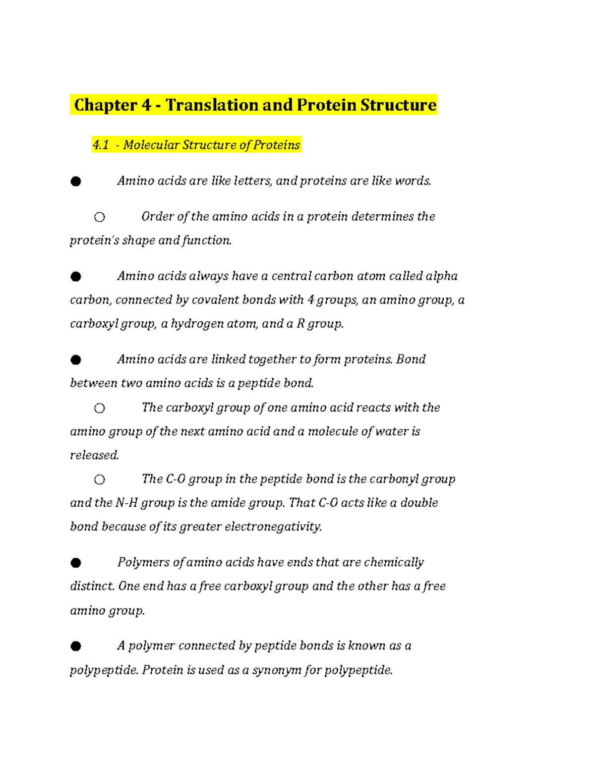 Translation and Protein Structure Notes Chapter 4 Translation and