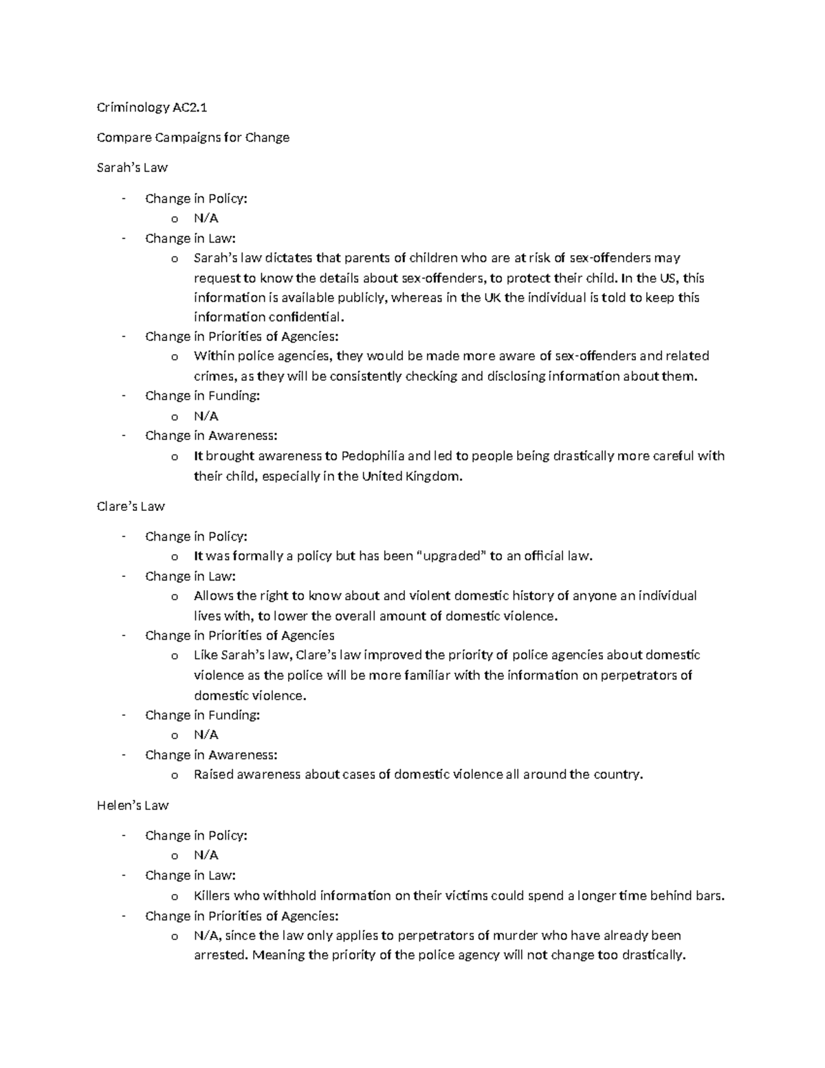 Criminology AC2.1 - Compare Campaigns for Change Sarah’s Law - Change ...
