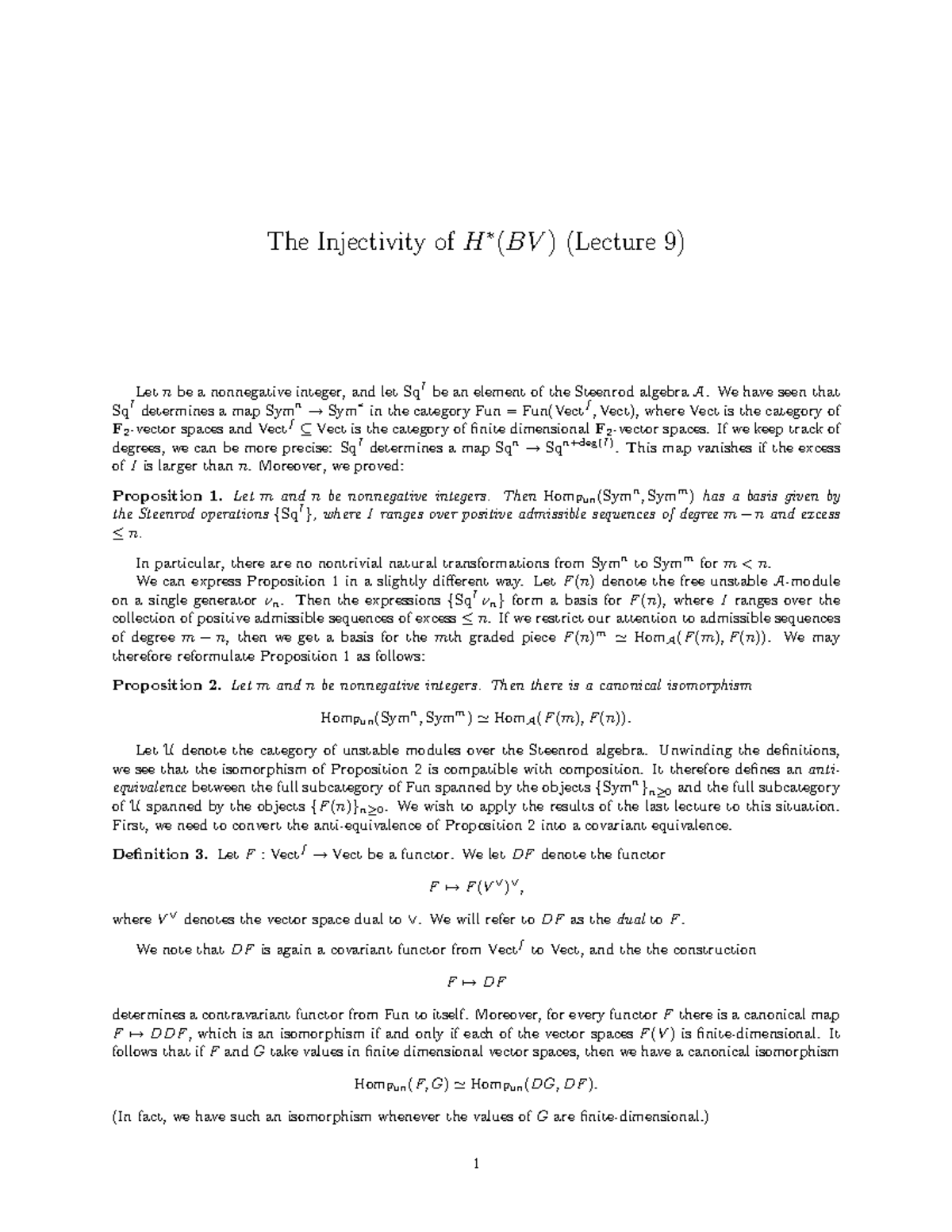 Topics In Algebraic Topology Lecture 9 The Injectivity Of H Bv