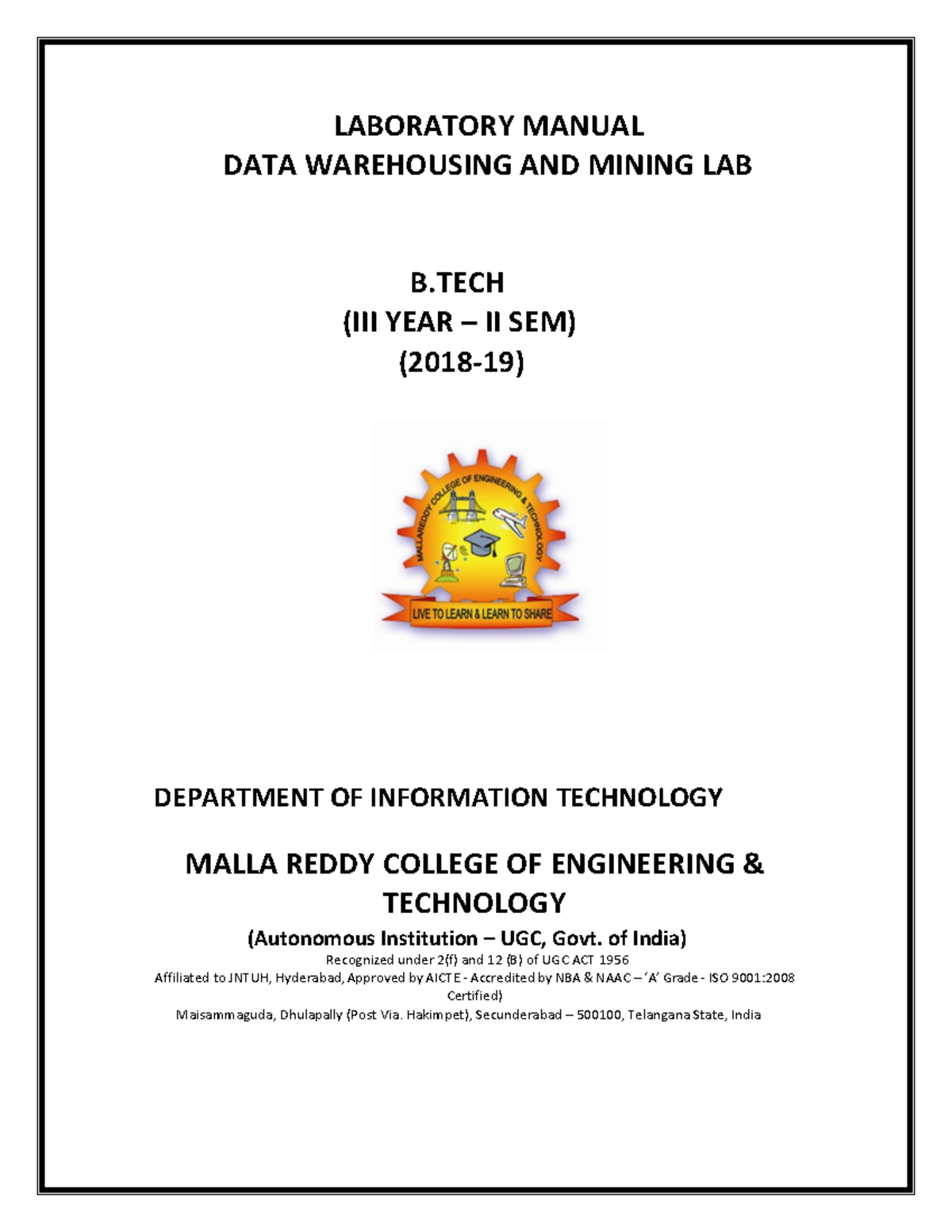 DWDM LAB Manual - R20 - LABORATORY MANUAL DATA WAREHOUSING AND MINING ...