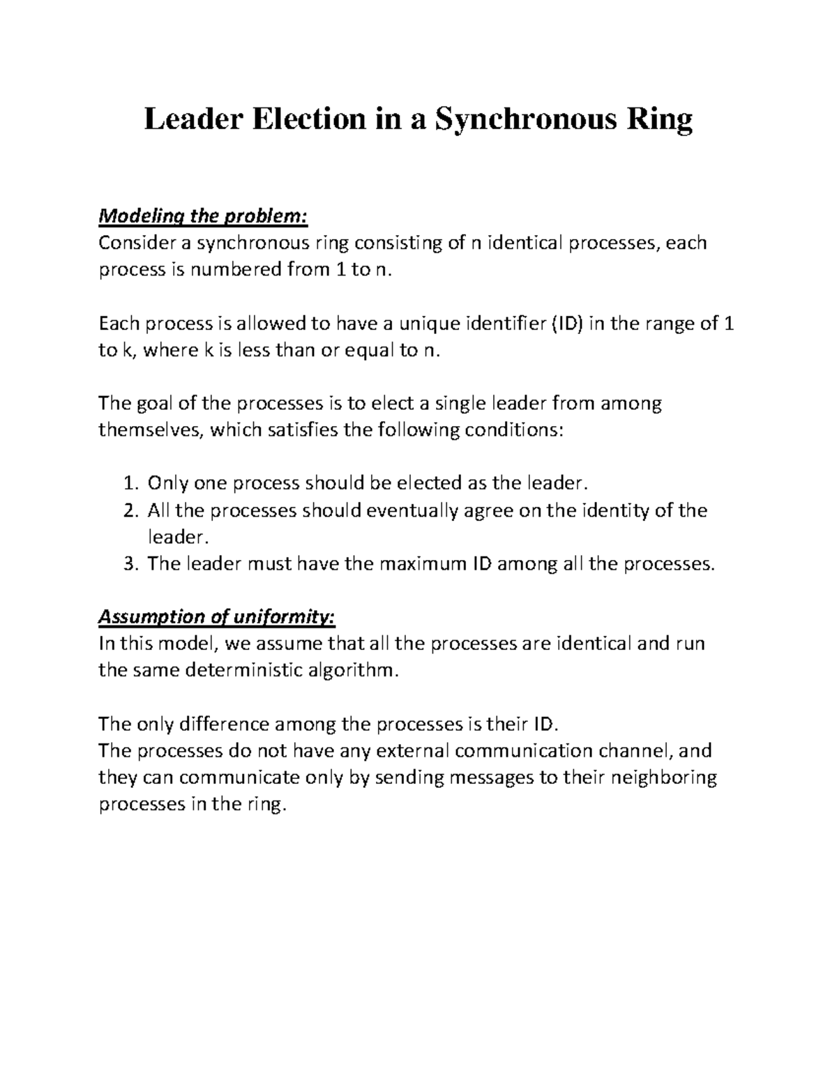 Leader Election in a Synchronous Ring part 1 - Leader Election in a ...