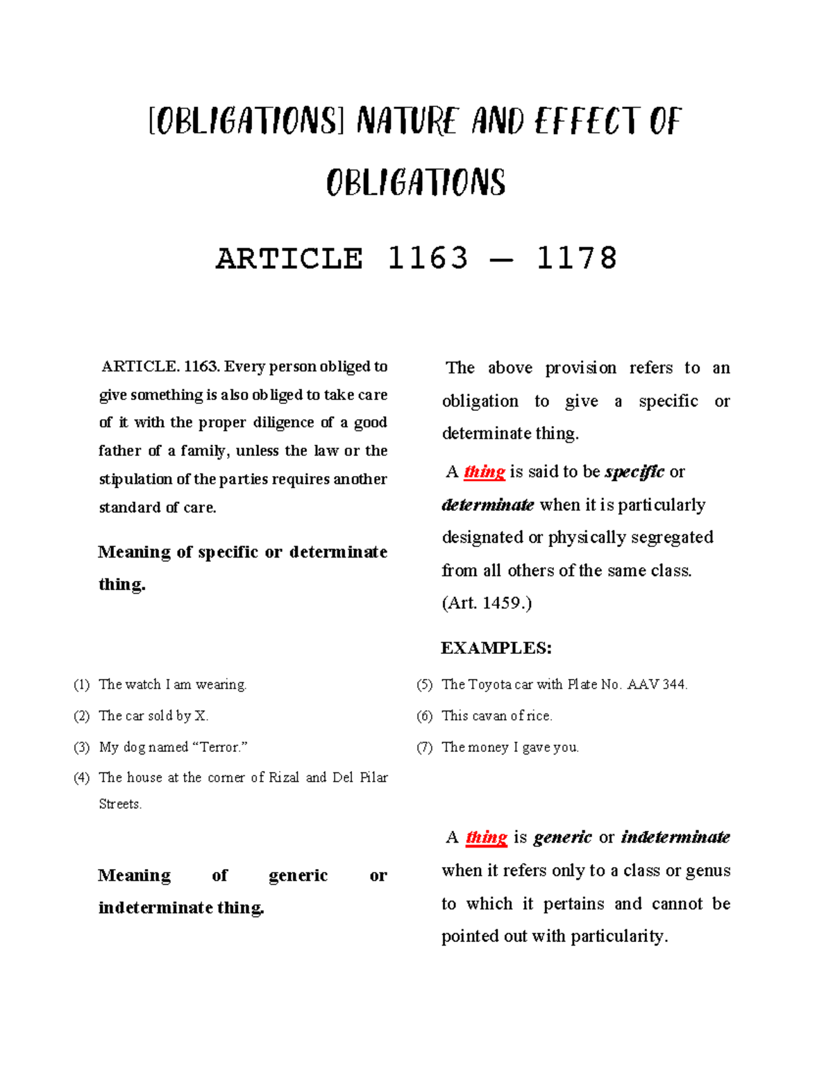 [ Obligations] Nature AND Effect OF Obligations Article 1163 – 1178 ...