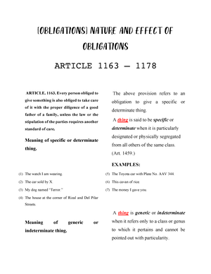 [ Obligations] Nature AND Effect OF Obligations Article 1163 – 1178