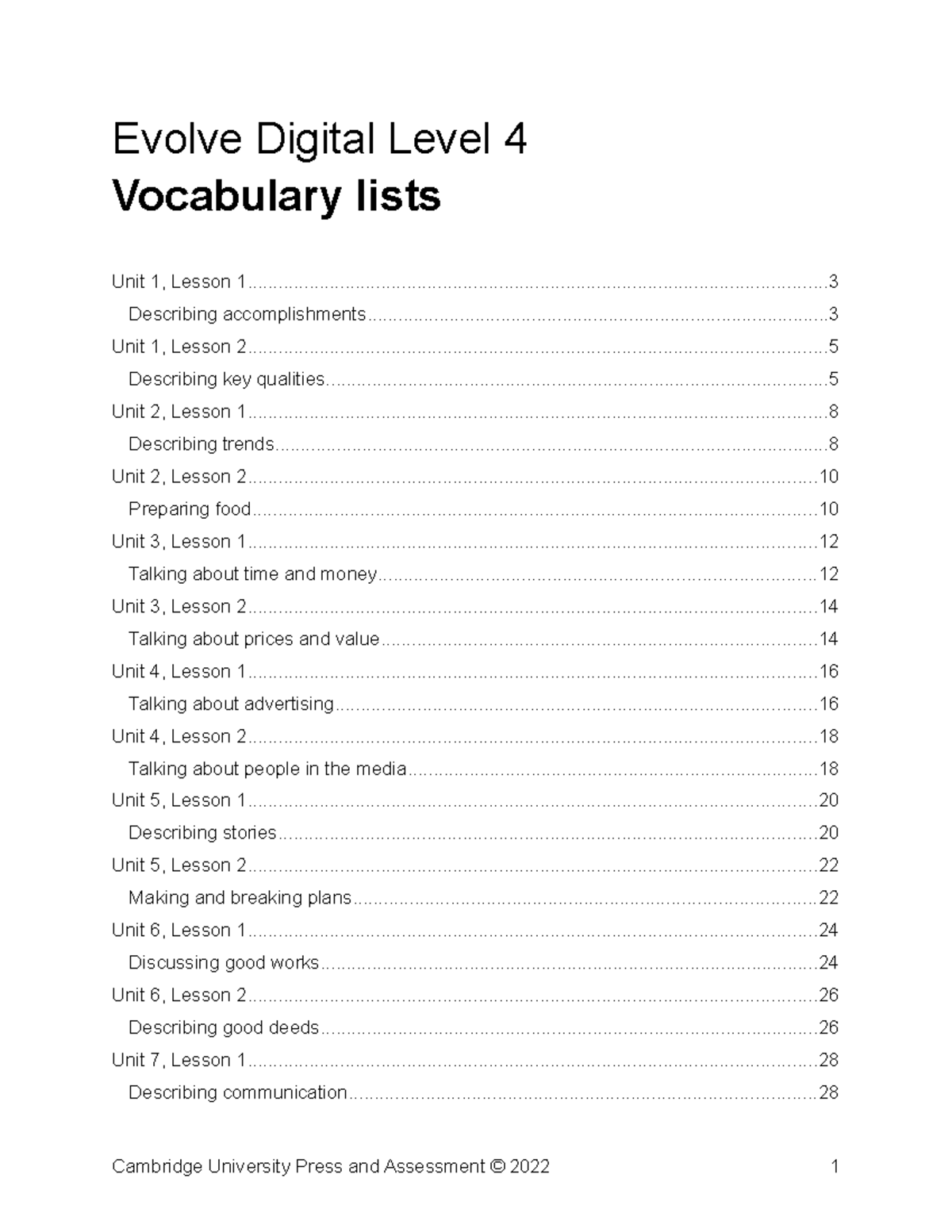 Evolve Digital Level 4 Vocabulary lists - Vocabulary lists Evolve ...