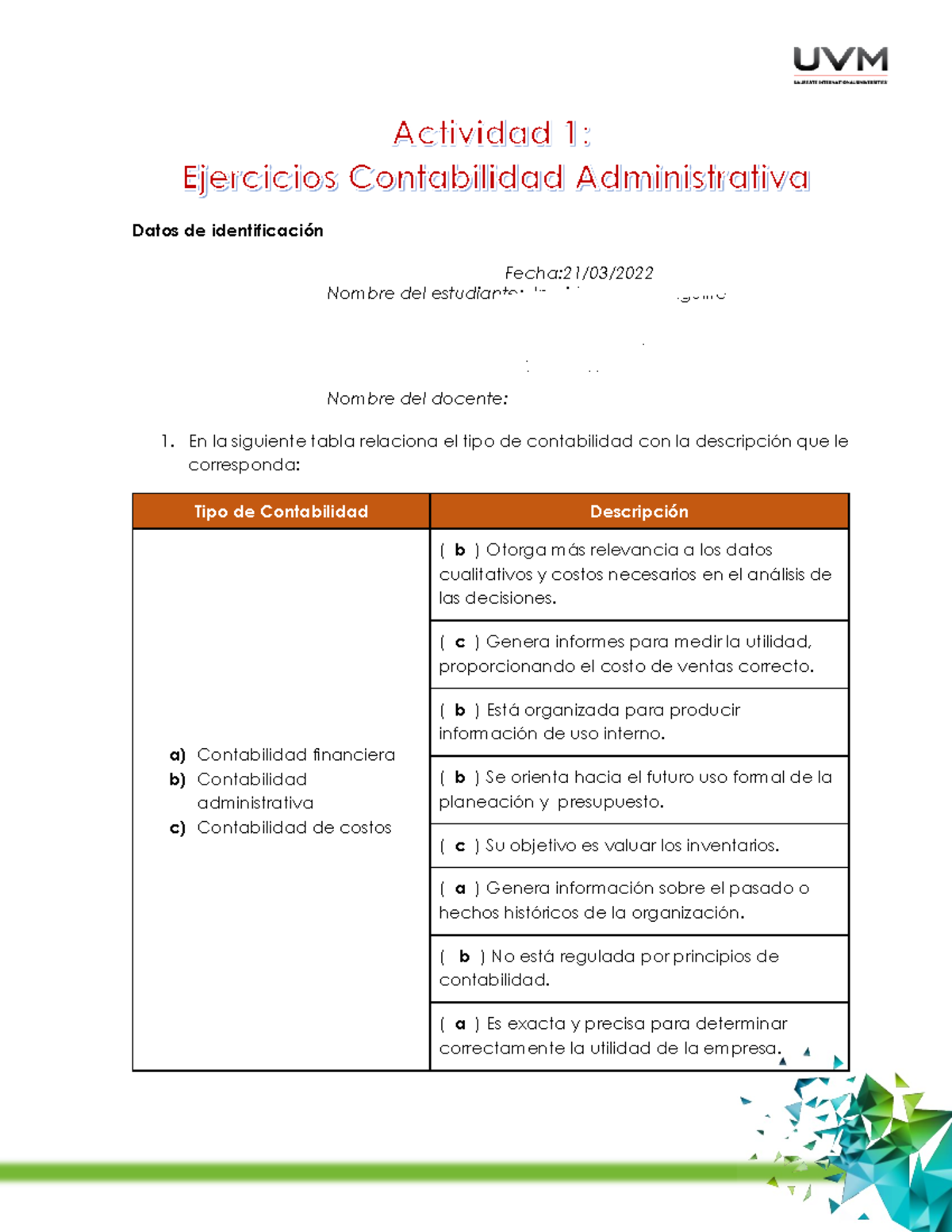 Ejercicios De Contabilidad Administrativa Datos De Identificación