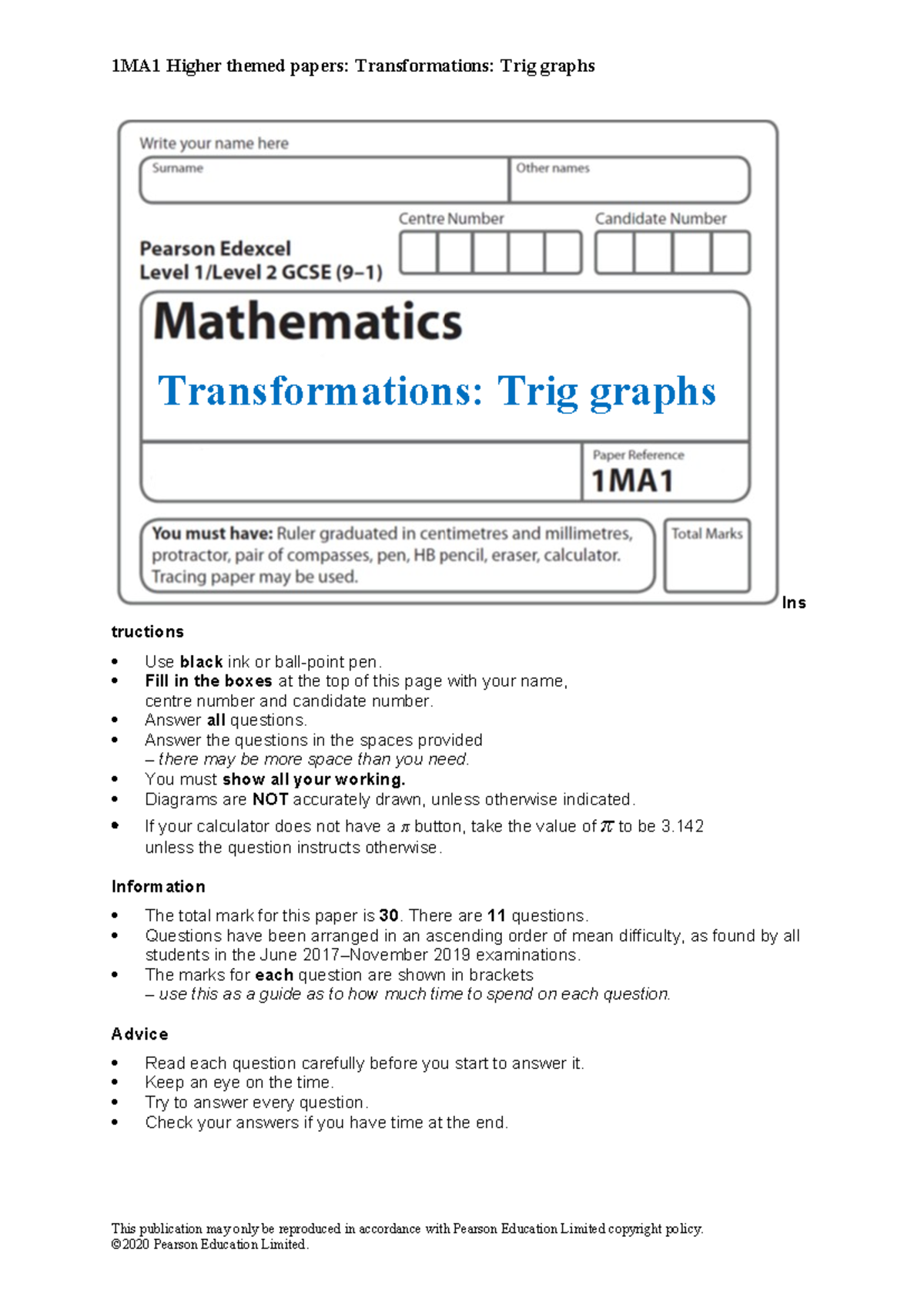 51a Transformations Trig Graphs H Question Paper - Ins tructions Use ...