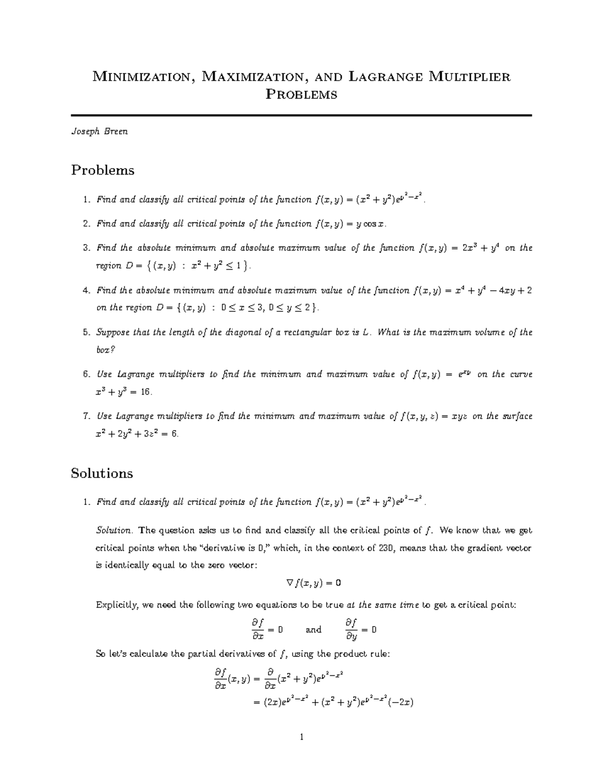 Minimization Maximization And Lagrange Multiplier Problems Math 230 Studocu