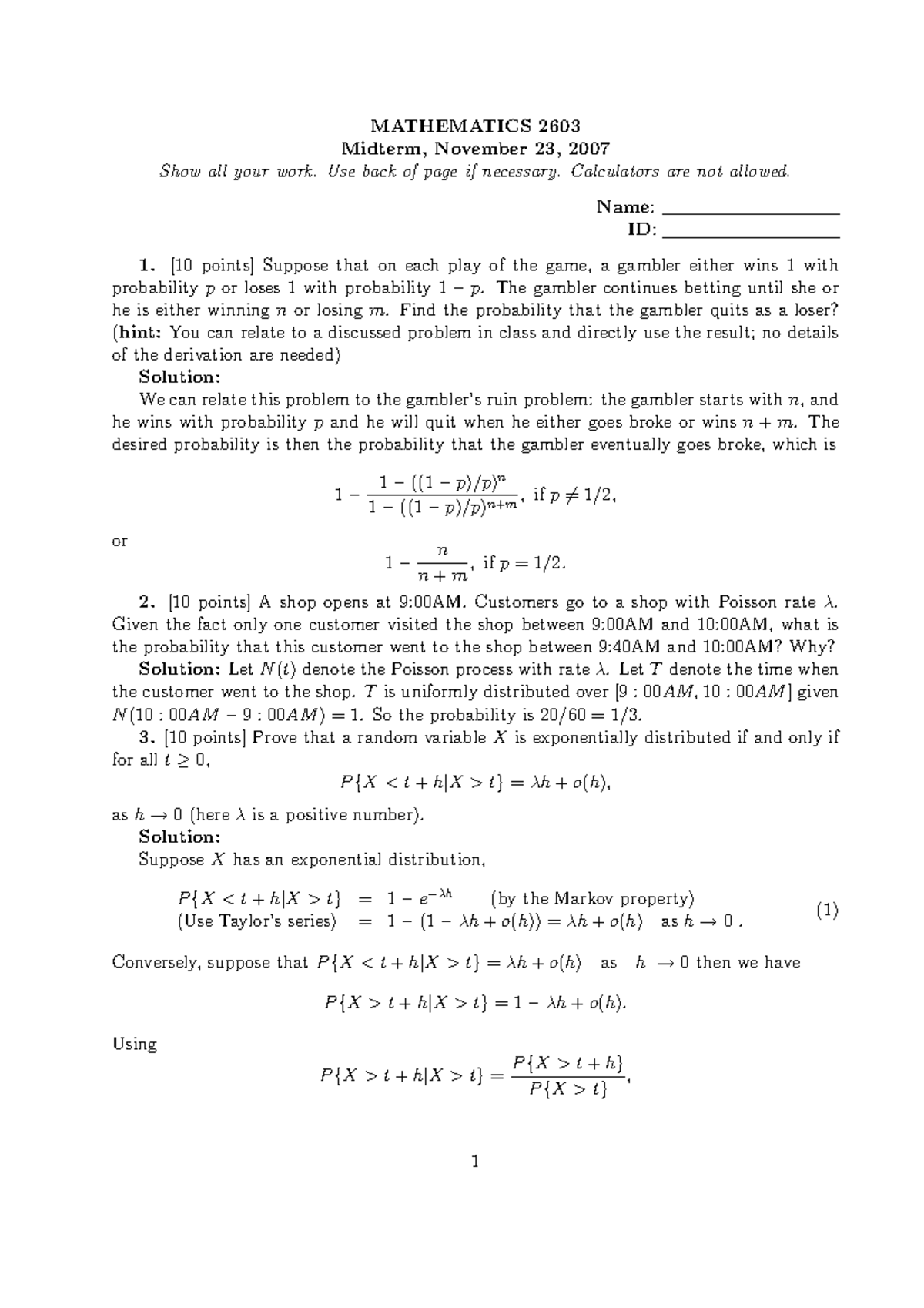 Midterm, answers - MATHEMATICS 2603 Midterm, November 23, 2007 Show all ...