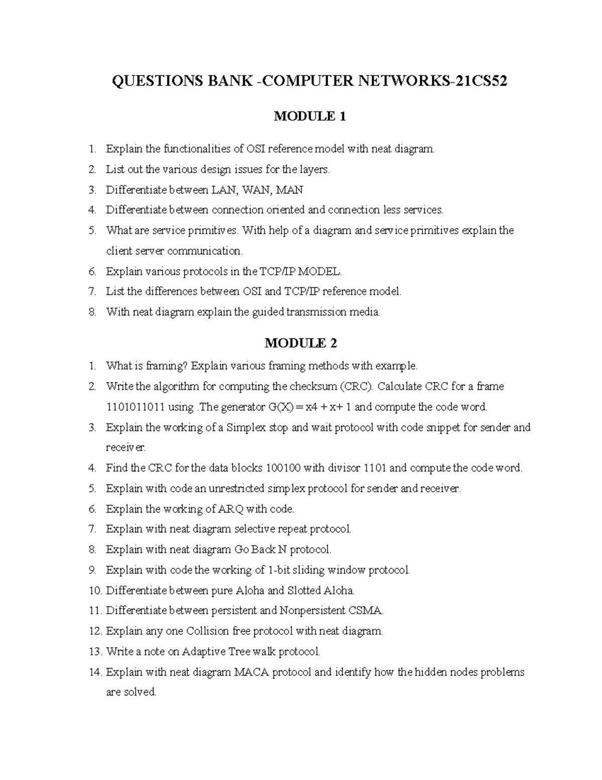 21CS52- Question BANK - QUESTIONS BANK -COMPUTER NETWORKS-21CS MODULE 1 ...